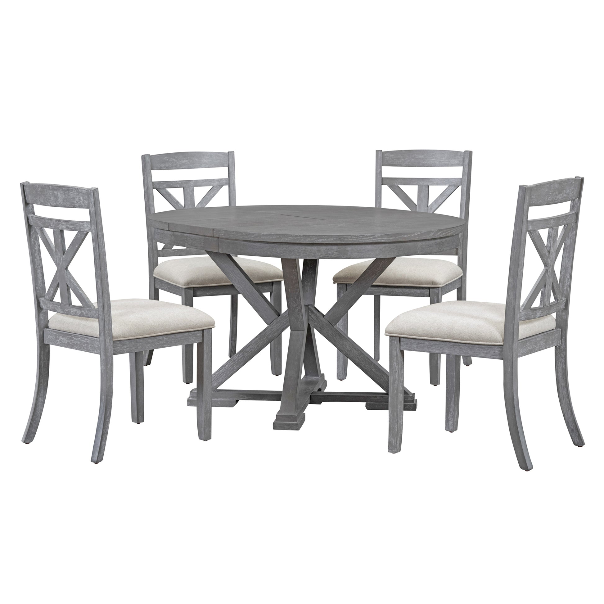 5 Piece Retro Functional Dining Table Set Extendable Round Table And 4 Upholstered Chairs For Dining Room And Living Room Grey Grey Solid Wood