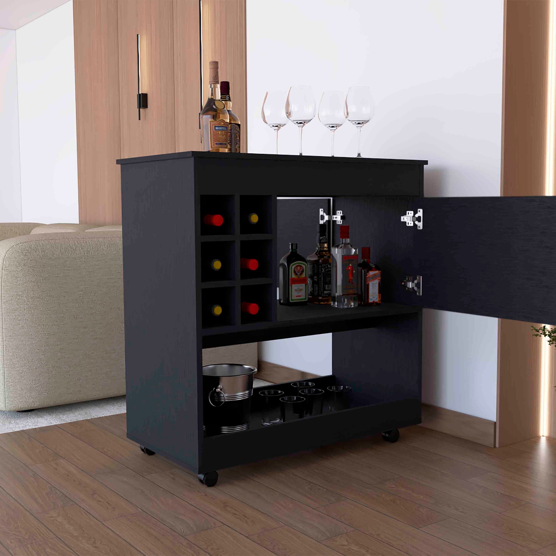 37" H Light Black Bar Coffee Cart, Kitchen Or Living Room Cabinet, With 4 Wheels, Central Storage With 2 Doors, Division For 6 Bottles And A Shelf With A Wooden Front On The Bottom. Black Particle