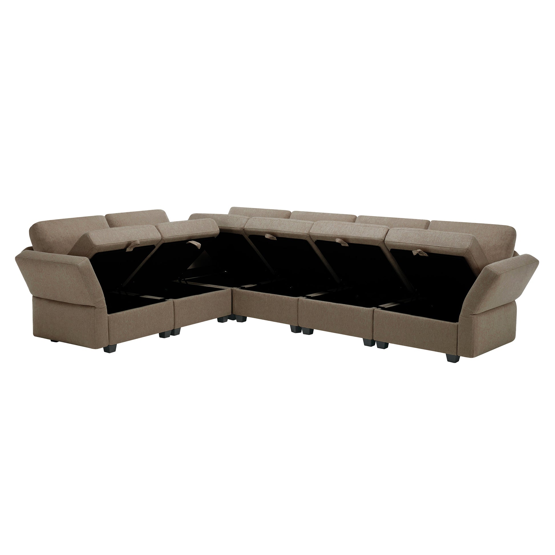 L Shaped Modular Sectional Corner Sofa Couch, 6 Seat Modular Sectional Sofa With Chaise For Living Room, Adjustable Arms And Backs Brown Brown Polyester 6 Seat