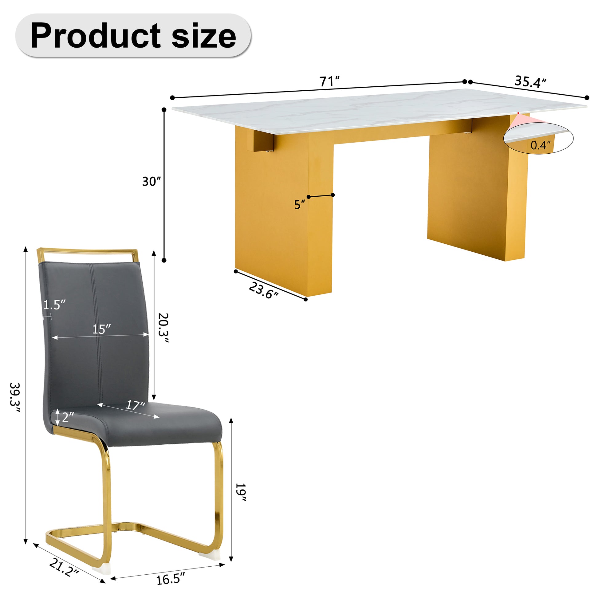 Table And Chair Set.Large Modern Rectangular Table With 0.4 Inch Patterned Glass Tabletop And Large Mdf Table Legs.Comes With 8 Chairs With Faux Leather Cushioned Seats And Golden Metal Legs. Gold White Seats 8 Mdf Glass