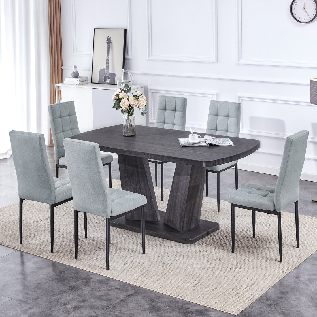 Dining Table Set For 6, 7 Piece Kitchen Table Chairs Set, 1.8" Thickness Tabletop And V Shaped Table Legs, Modern Dining Room Set With 63 Inch Dinner Table And 6 Upholstered Chairs For Dining Room Metal Gray Dining Room Classic,Mid Century Modern,Modern