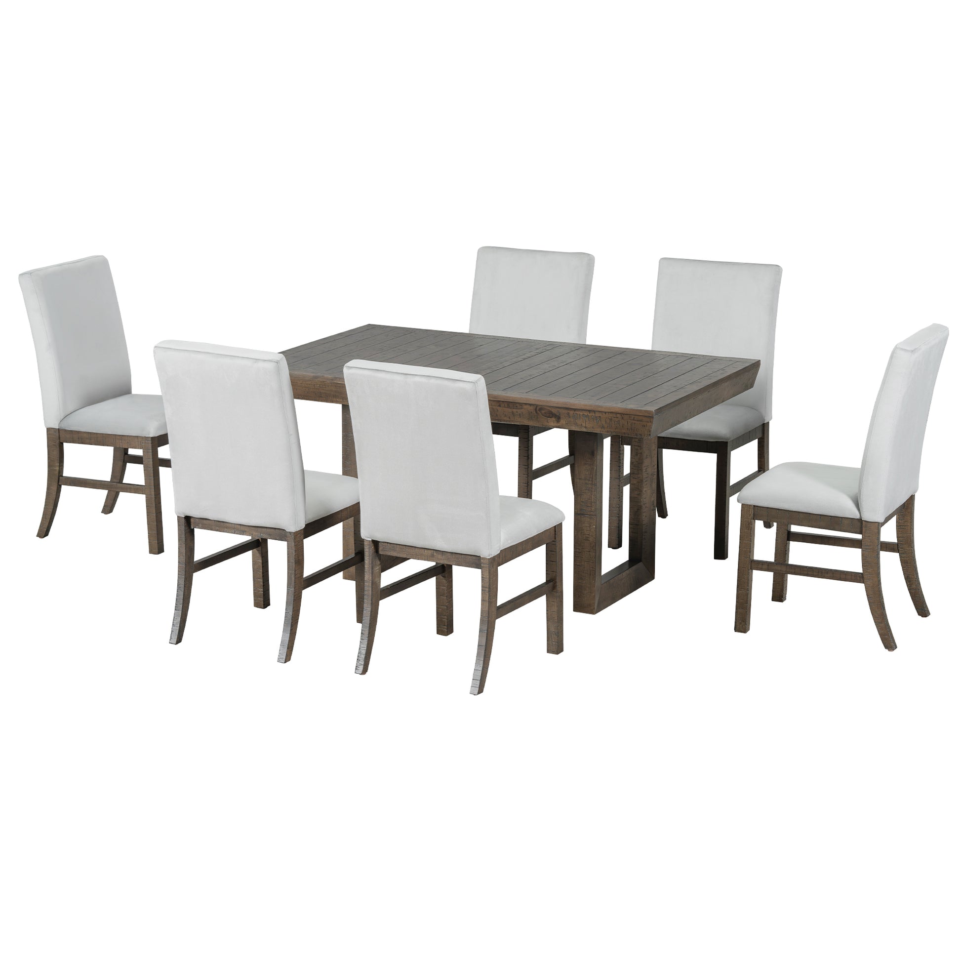 Traditional 7 Piece 72" Extendable Dining Table Set With 12Inch Butterfly Leaf And 6 Upholstered Dining Table Set, Brown Wood Dining Room Distressed Finish Rubberwood Rectangular Dining Table With Chair Wood Wood Brown Seats 6 72 Inches Butterfly Leaf