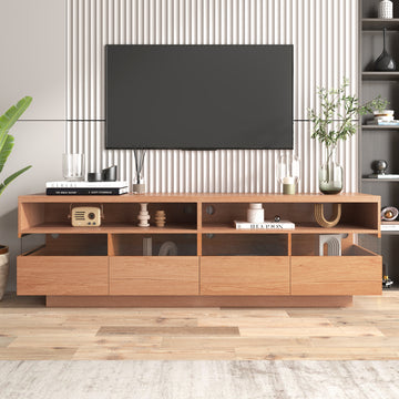 Modern Tv With 4 Drawers& 2 Open Cabinets, Media Console Table For Tvs Up To 75'', Entertainment Center With Acrylic Transparent Storage Space For Living Room, Bedroom, Home Theatre Wood Red Primary Living Space 70 Inches 60 69 Inches 70 Inches Particle