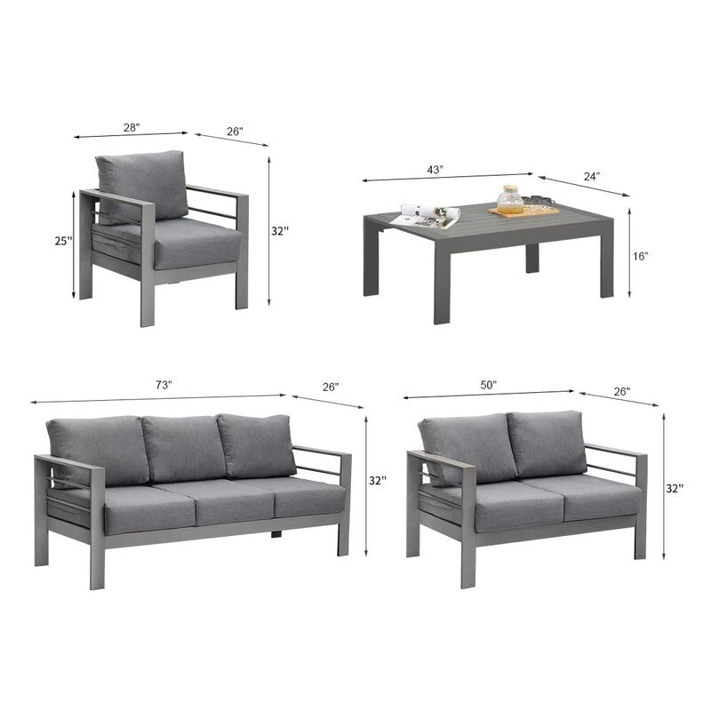 5 Pieces Outdoor All Weather Conversation Set, Sectional Sofa, Aluminum Couch Dark Gray Cushions Grey Aluminium