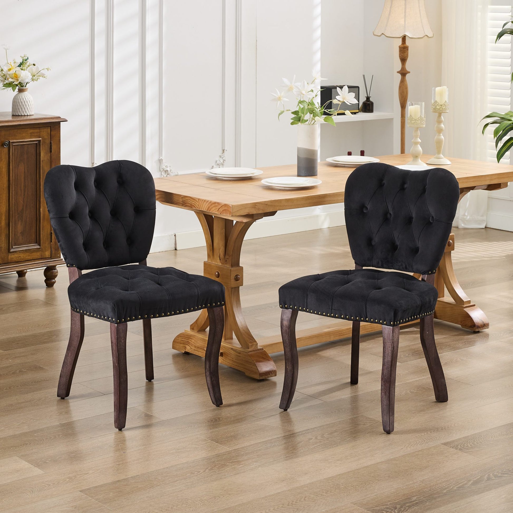 French Vintage Tufted Upholstered Fabric Dining Chair,Set Of 2,Black,Sw1869Bk Black Dining Room American Design Dining Chairs Rubberwood Set Of 2 Foam Velvet