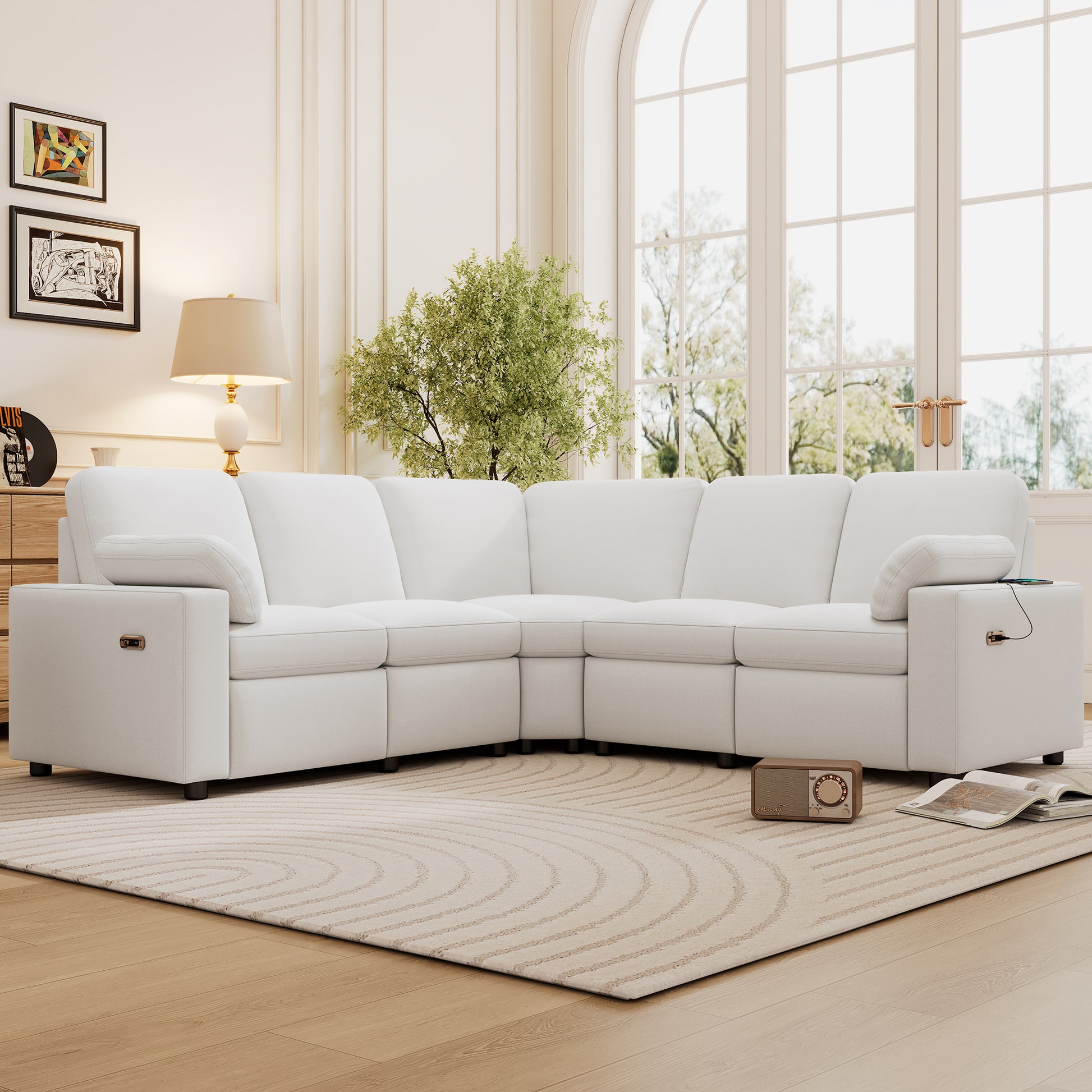 89" Power Recliner Sectional Sofa Home Theater Reclining Sofa With Two Usb Ports, Two Storage Drawers For Living Room, Beige Beige Foam Linen 5 Seat