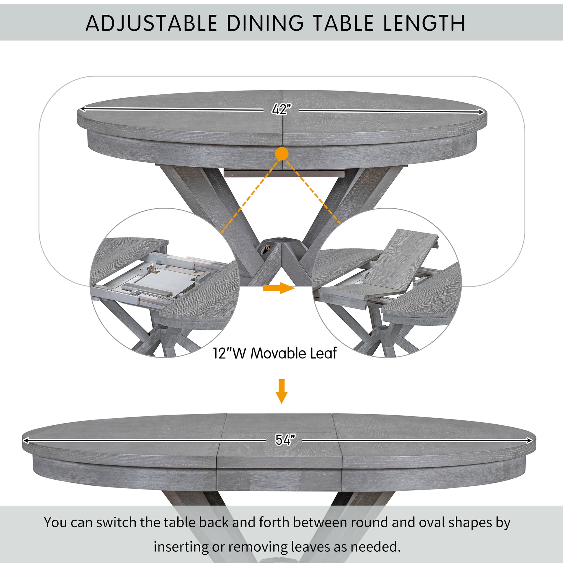 5 Piece Retro Functional Dining Table Set Extendable Round Table And 4 Upholstered Chairs For Dining Room And Living Room Grey Grey Solid Wood