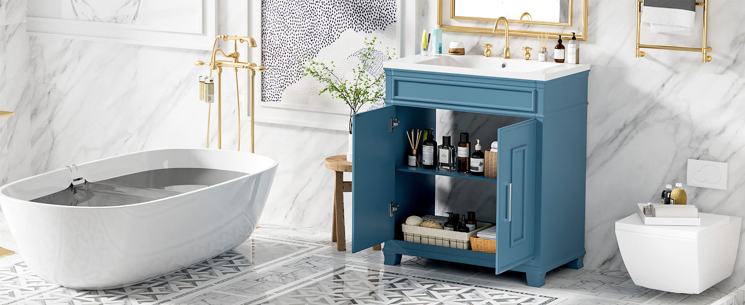 30 Inch Bathroom Vanity With Resin Sink, Freestanding Bathroom Vanity Set With Storage Shelf, Storage Cabinet For Bathroom, Solid Wood Frame Bathroom Cabinet, Blue Blue Bathroom Modern Solid Wood Mdf Resin