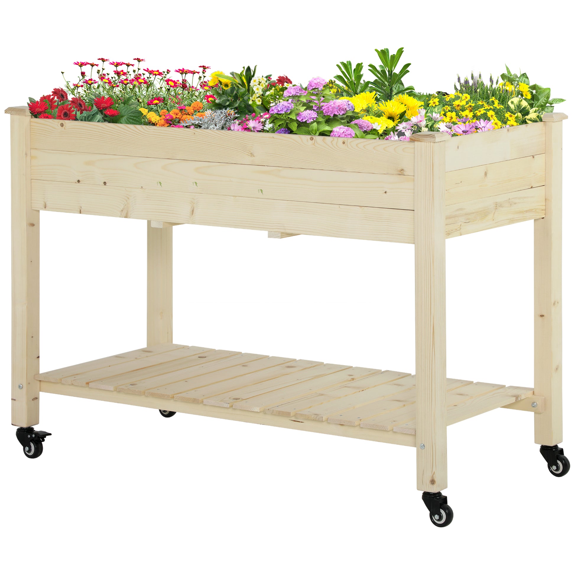 Outsunny Raised Garden Bed, 47" X 22" X 33", Elevated Wooden Planter Box W Lockable Wheels, Storage Shelf, And Bed Liner For Backyard, Patio, Natural Natural Wood