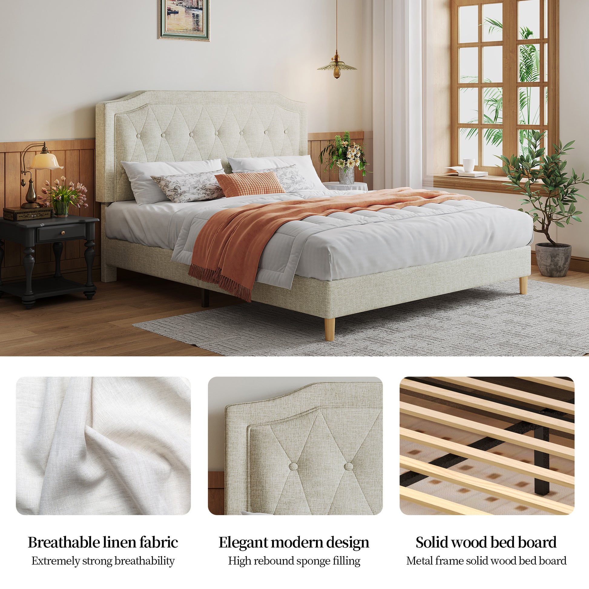 Queen Size, Cotton Linen Fabric, Mesh Mounted Bed, Stable, Easy To Assemble, Light Grey Queen Light Gray Mdf Acacia