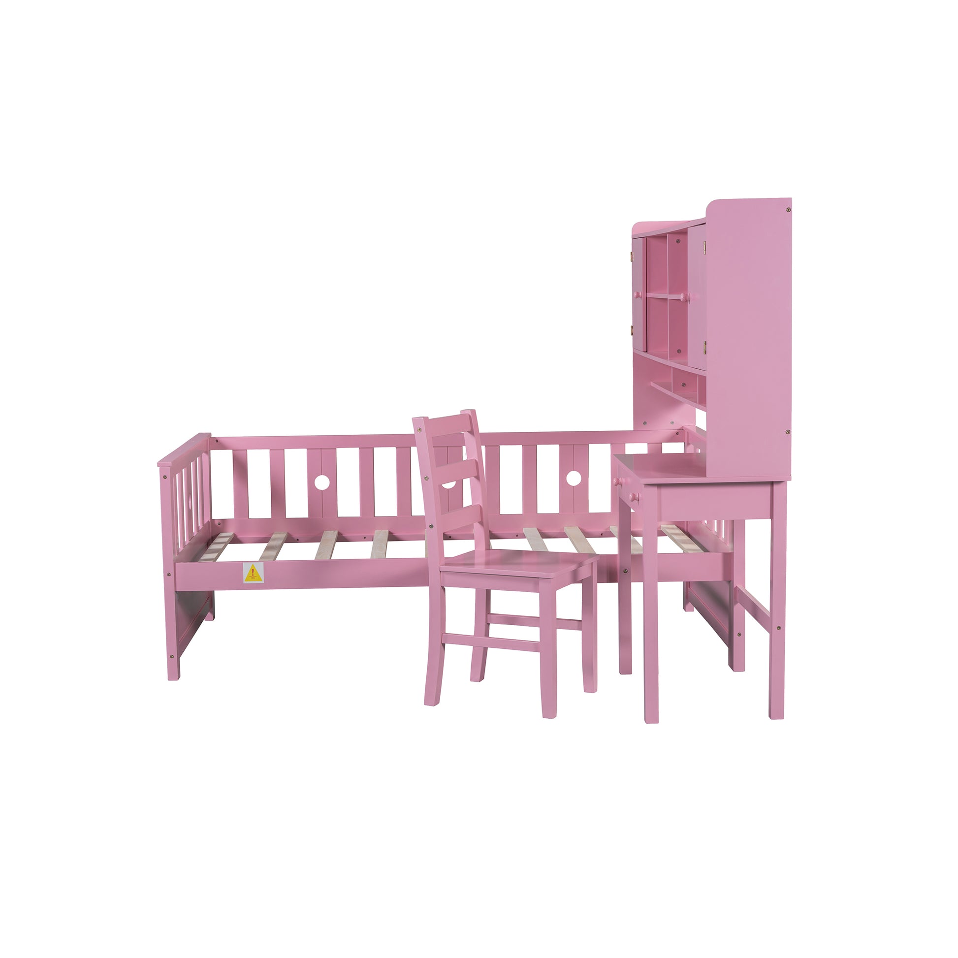 Twin Size Multifunctional Wood Platform Bed With Bookshelf At The Head Of The Bed, Built In Desk And Matching Chair, Pink Twin Pink Wood