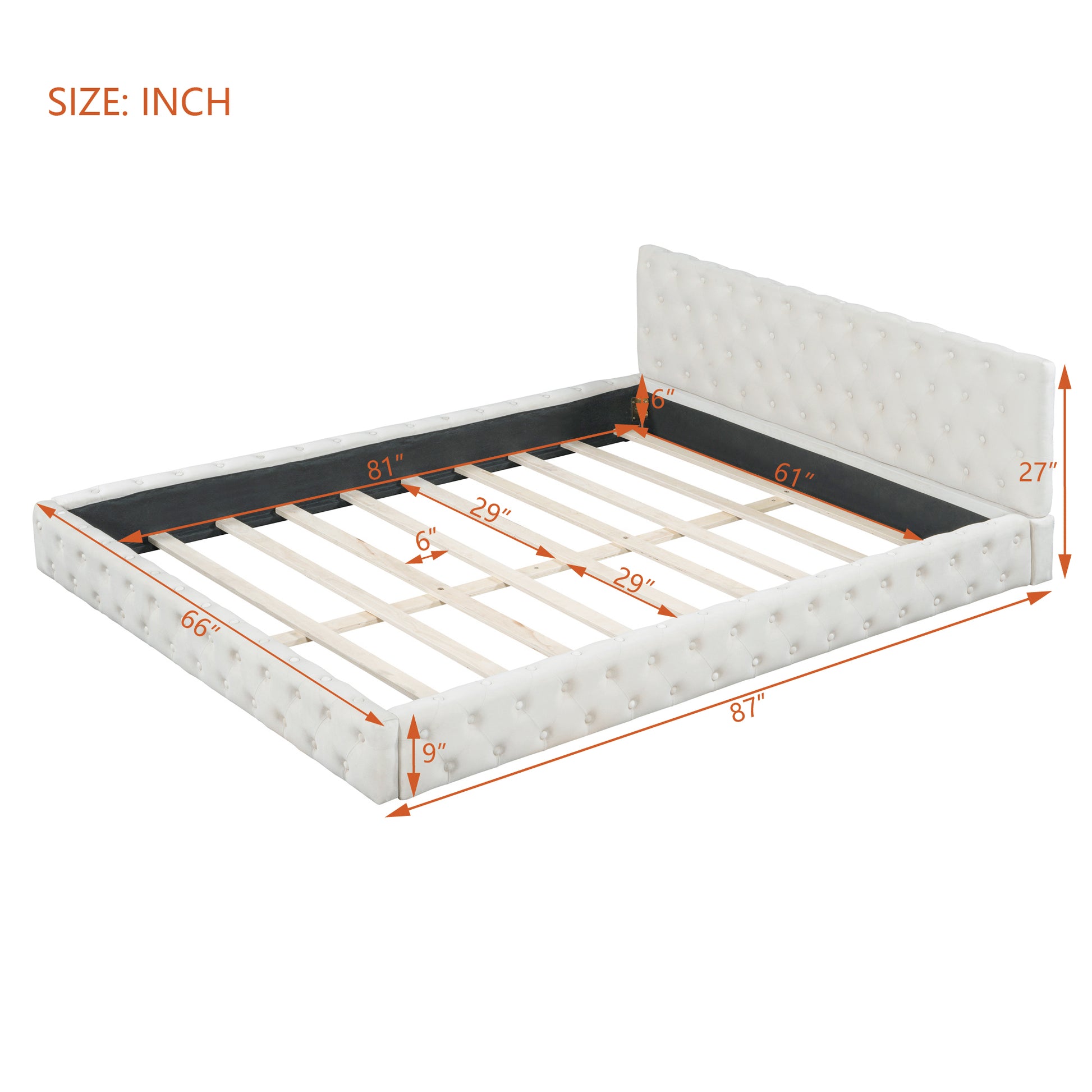 Queen Size Velvet Upholstered Platform Bed, With Luxurious Diamond Grid Headboard,Beige Queen Beige Plywood