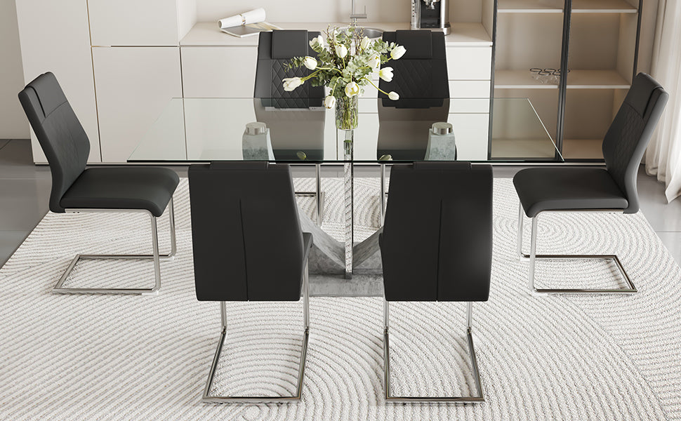 1 Table And 6 Chairs Set.Large Rectangular Table, Equipped With 0.39 Inch Tempered Glass Table Top And Mdf Table Legs.Paired With 6 Chairs With Faux Leather Padded Seats And Metal Legs.F 907,C 001 Transparent Mdf Glass