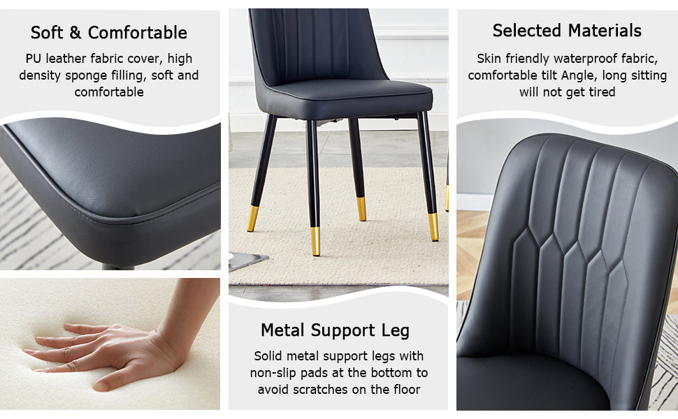 Table And Chair Set.Modern Rectangular Dining Table With Black Textured Stickers Glass Tabletop And Gold Plated Metal Legs.Paried With 4 Comfortable Chairs With Pu Seats And Black Metal Legs. Black Gold Seats 4 Glass Metal