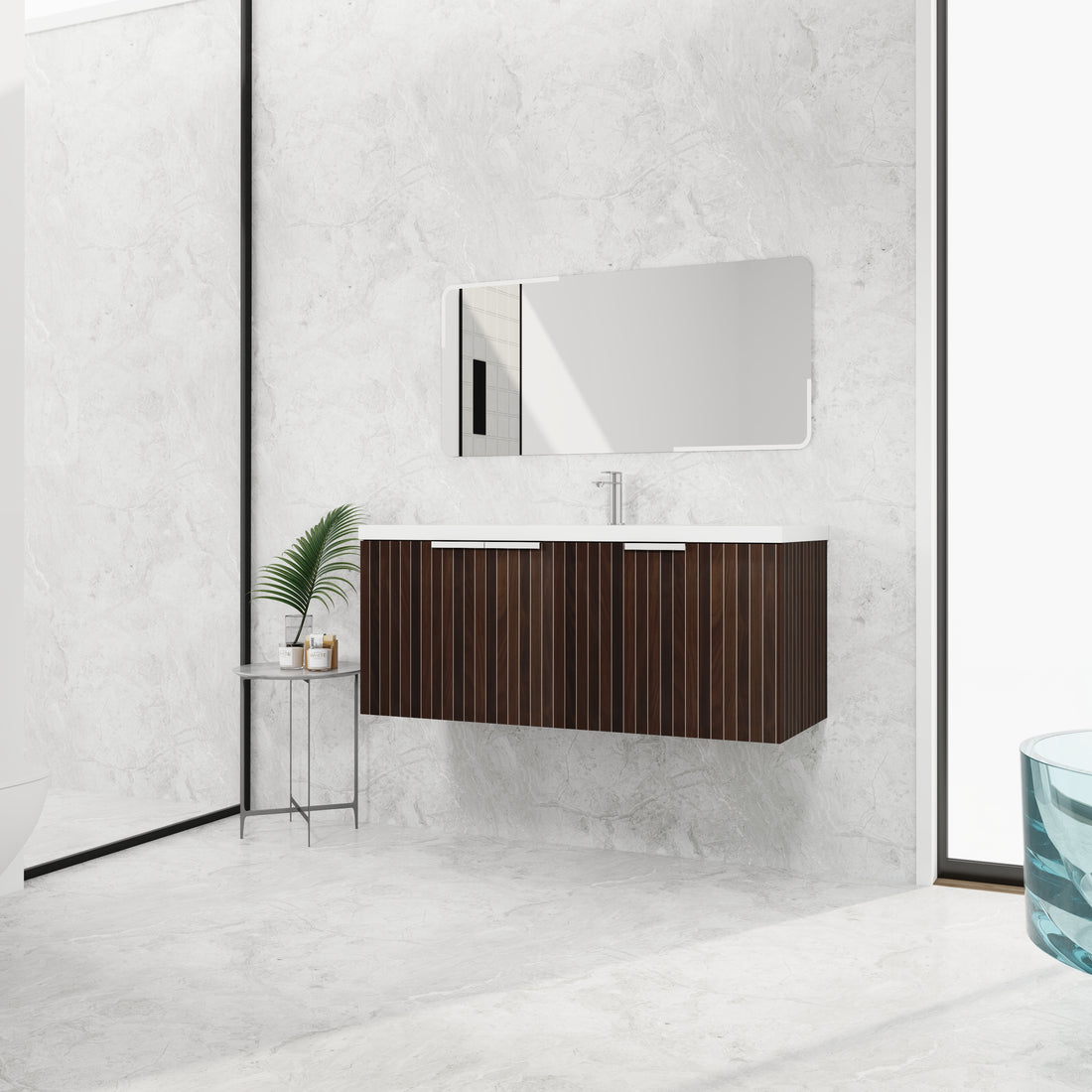 48 Inch Bathroom Cabinet With Resin Sink,Soft Close Doors,Float Mounting Design Silver Brown Stripe Bathroom Modern Plywood Plywood