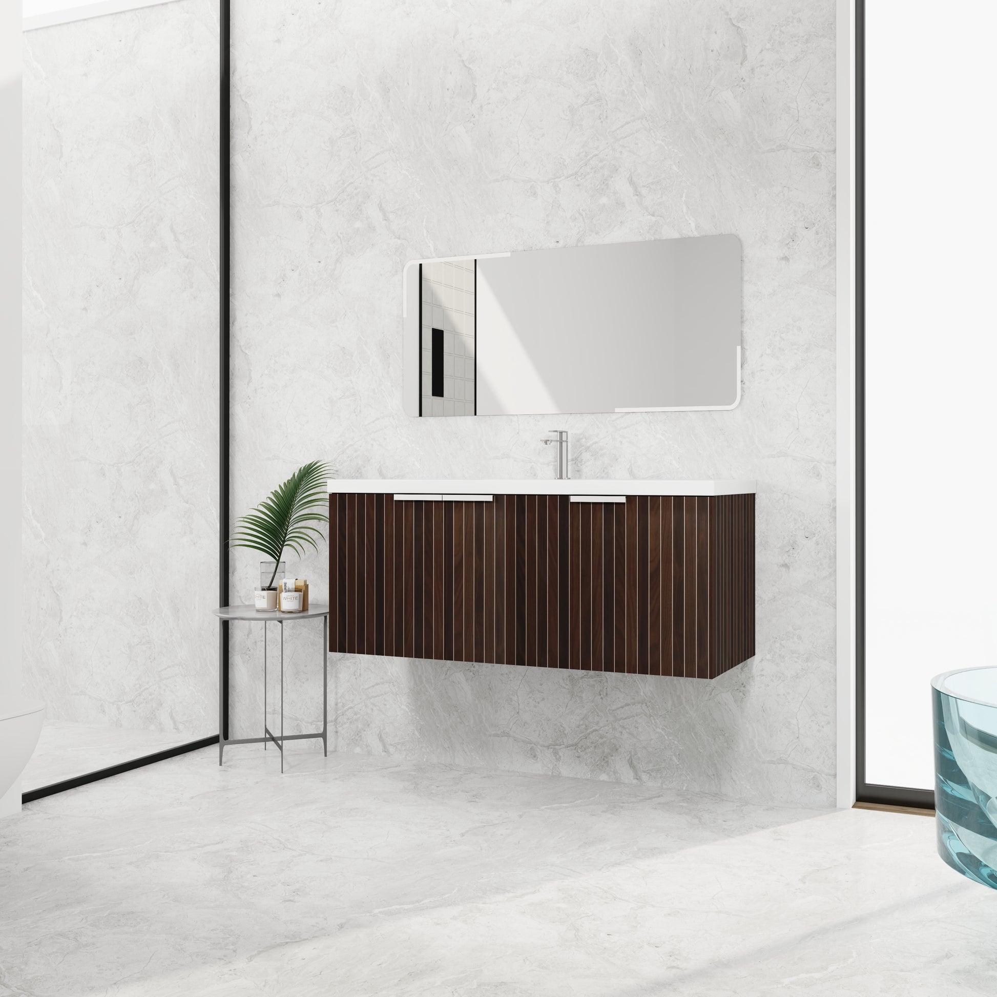 48 Inch Bathroom Cabinet With Resin Sink,Soft Close Doors,Float Mounting Design Silver Brown Stripe Bathroom Modern Plywood Plywood