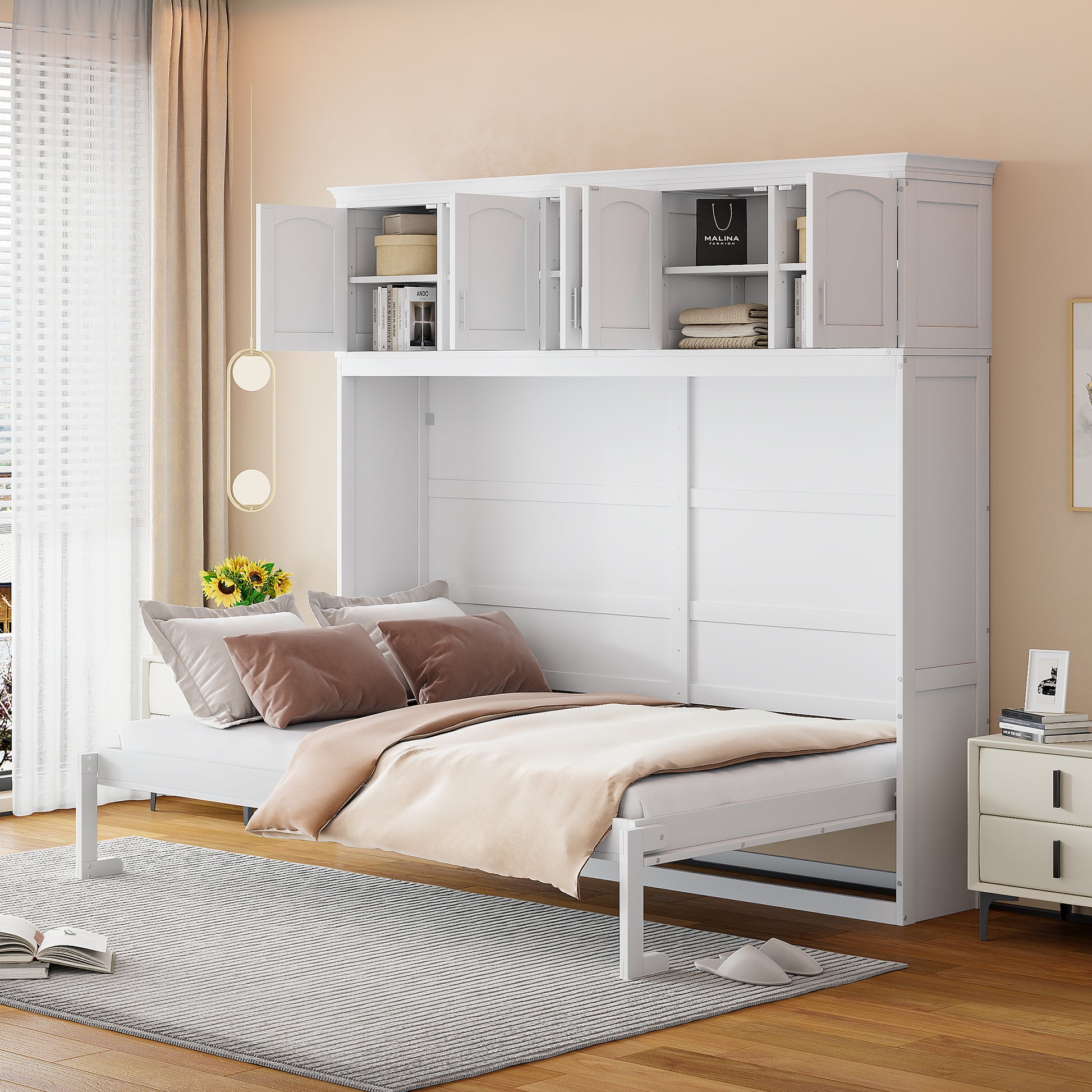 Queen Size Murphy Bed Wall Bed With Top Cabinets,White Queen White Plywood