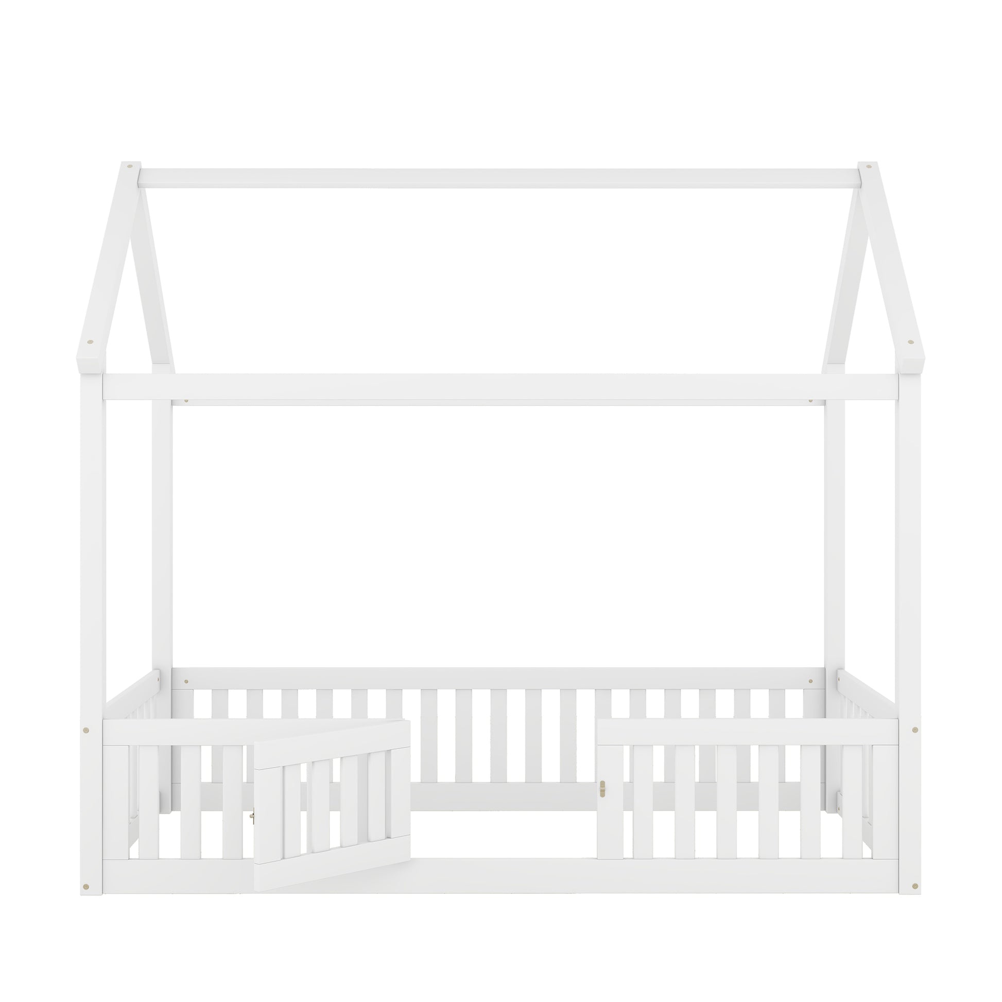 Twin Size Wood House Bed With Fence And Door, White Old Sku: Wf303131Aak Box Spring Not Required Twin White Wood Bedroom Bed Frame Pine