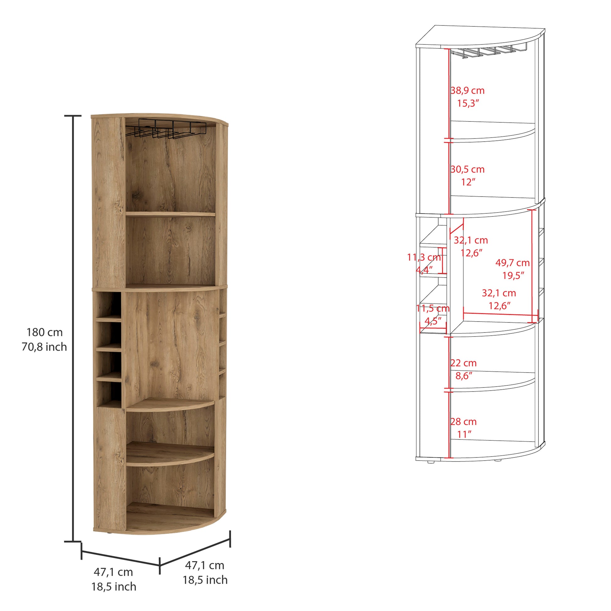 Oban Corner Bar Cabinet With Five Shelveseight Bottle Cubbies And Steamware Macadamia Light Oak Kitchen Modern Particle Board