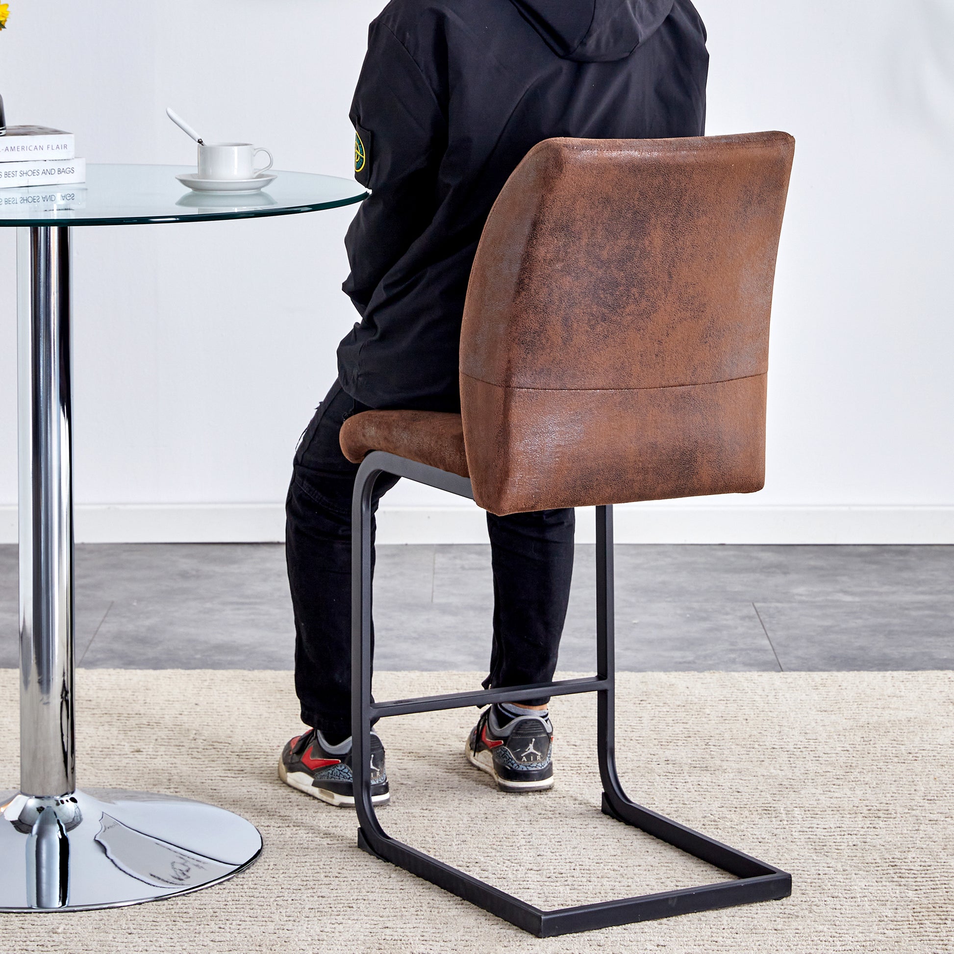 A Set Of Two Brown Chairs, Including Suede Cushions And Black Metal Legs. Small Size, Suitable For Select Groups, Suitable For Dining Room, Kitchen, Terrace And Guest Office Chairs Set Of 2 Black Brown Metal