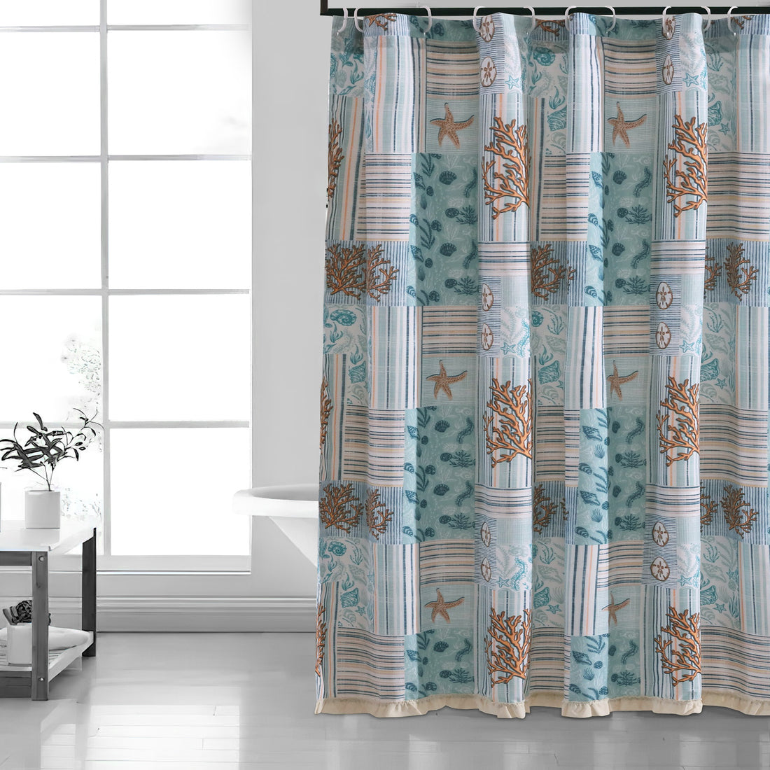 Sea Life Print Shower Curtain With Button Holes, Blue And Brown Blue Brown Fabric