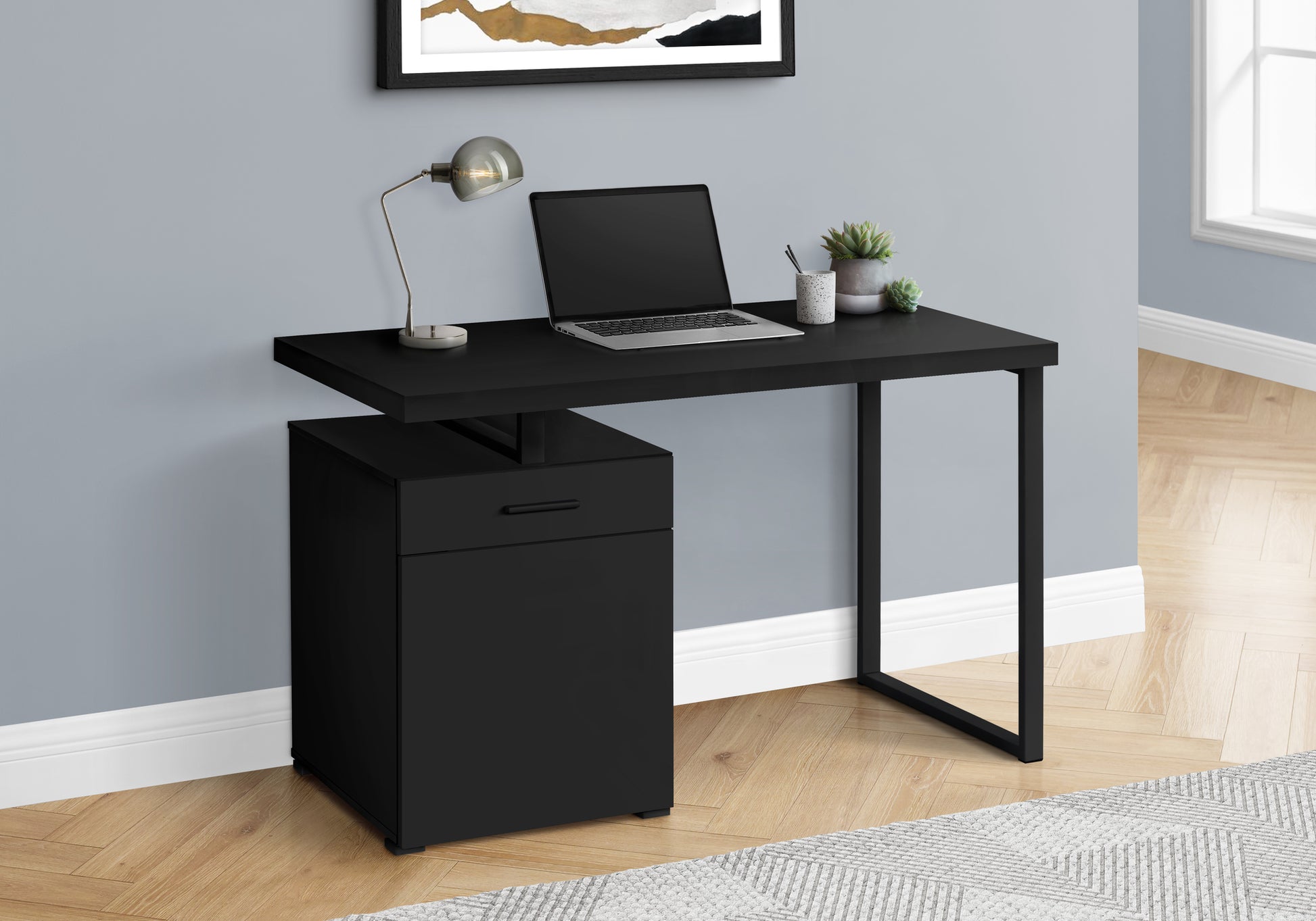 Computer Desk, Home Office, Laptop, Left, Right Set Up, Storage Drawers, 48"L, Work, Black Laminate, Black Metal, Contemporary, Modern Black Particle Board