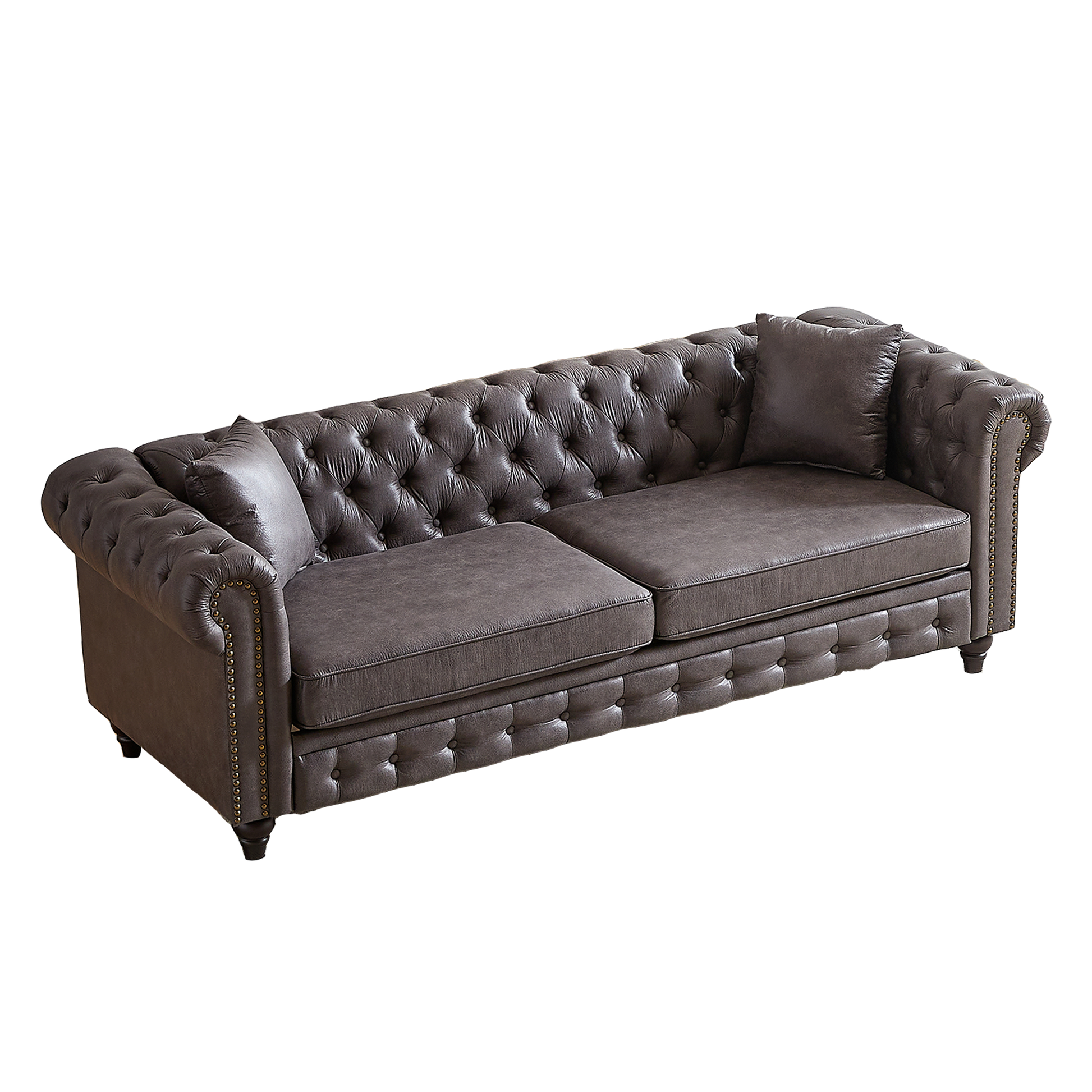 Fx 85.5"Living Room With Tech Fabric Chesterfield Sofa With Rolled Arms 3 Seater Sofa With Button Design And 2 Cushions For Apartment, Office, Living Room Grey Wood Primary Living Space Pine Foam Fabric 3 Seat