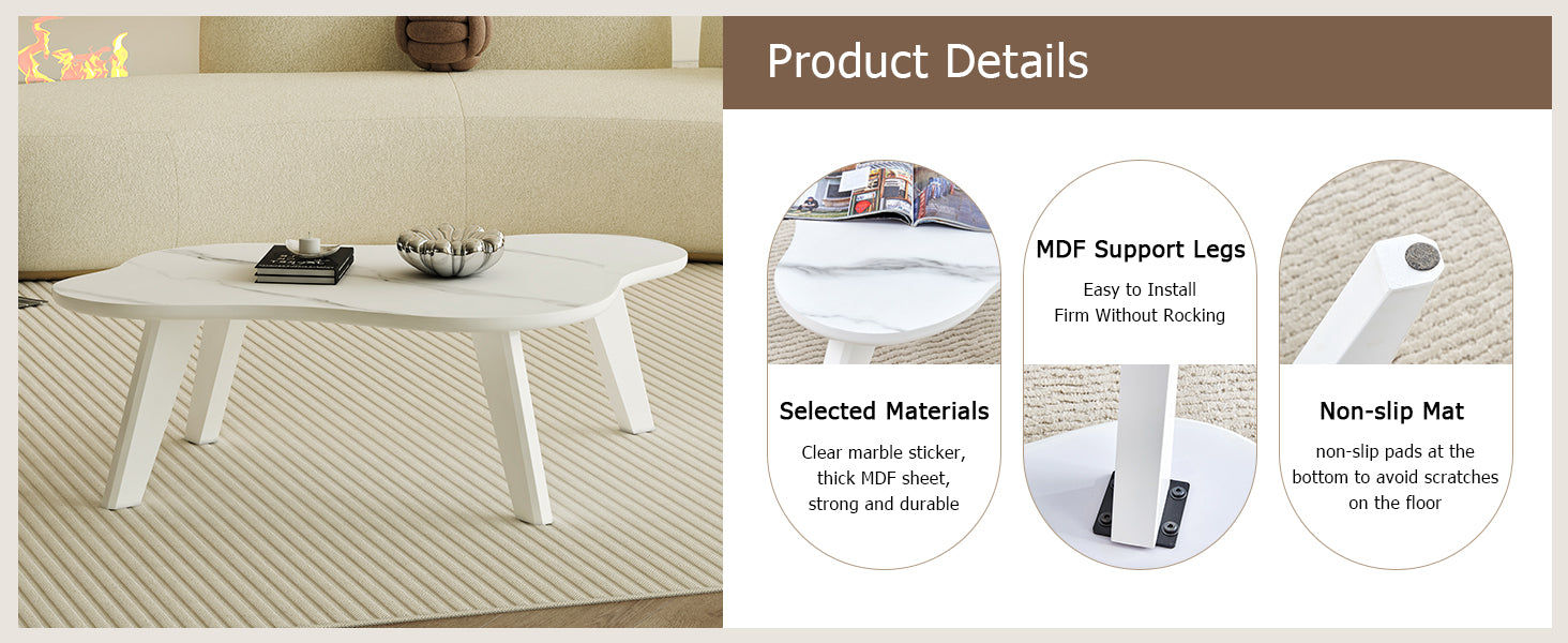 Modern Minimalist White Imitation Marble Tabletop Coffee Table. Solid Wood Spray Painted Desk Legs, Cloud Shape To Give You A Experience, Computer Desk. Suitable For Dining And Living Rooms. White Mdf