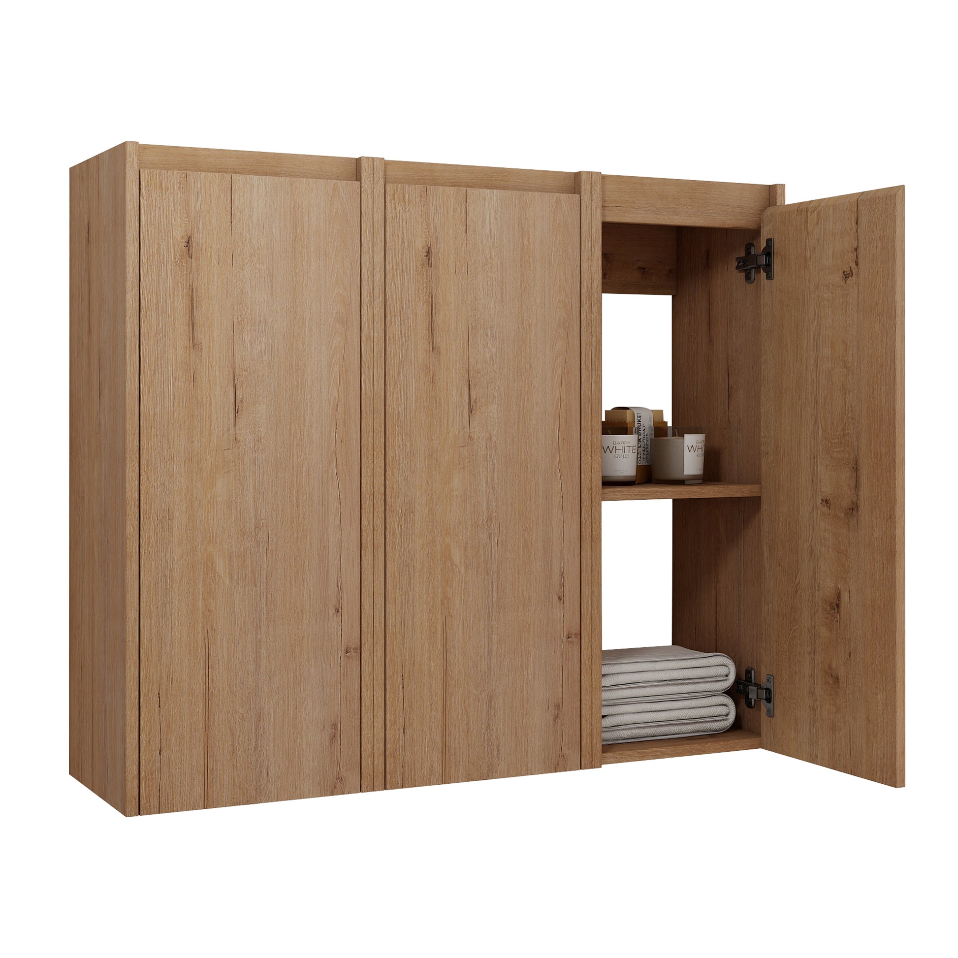 12" Bathroom Side Cabinet, 3 Soft Close Doors, Float Mounting Design, 12*3 Kd Packing Imitative Oak 3 Bathroom Wall Mounted Modern Plywood Plywood