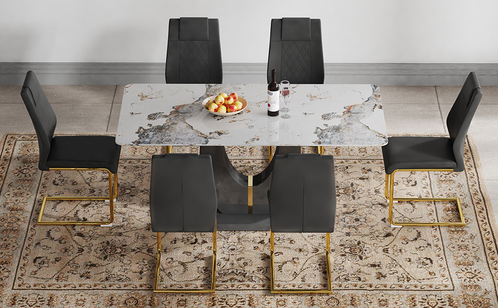 Table And Chair Set, Modern Dining Table, Patterned Table Top And Black Mdf Table Leg, Soft And Comfortable Dining Chair, Perfect For Dinner, Meetings, Home And Office Decor Black Mdf Glass