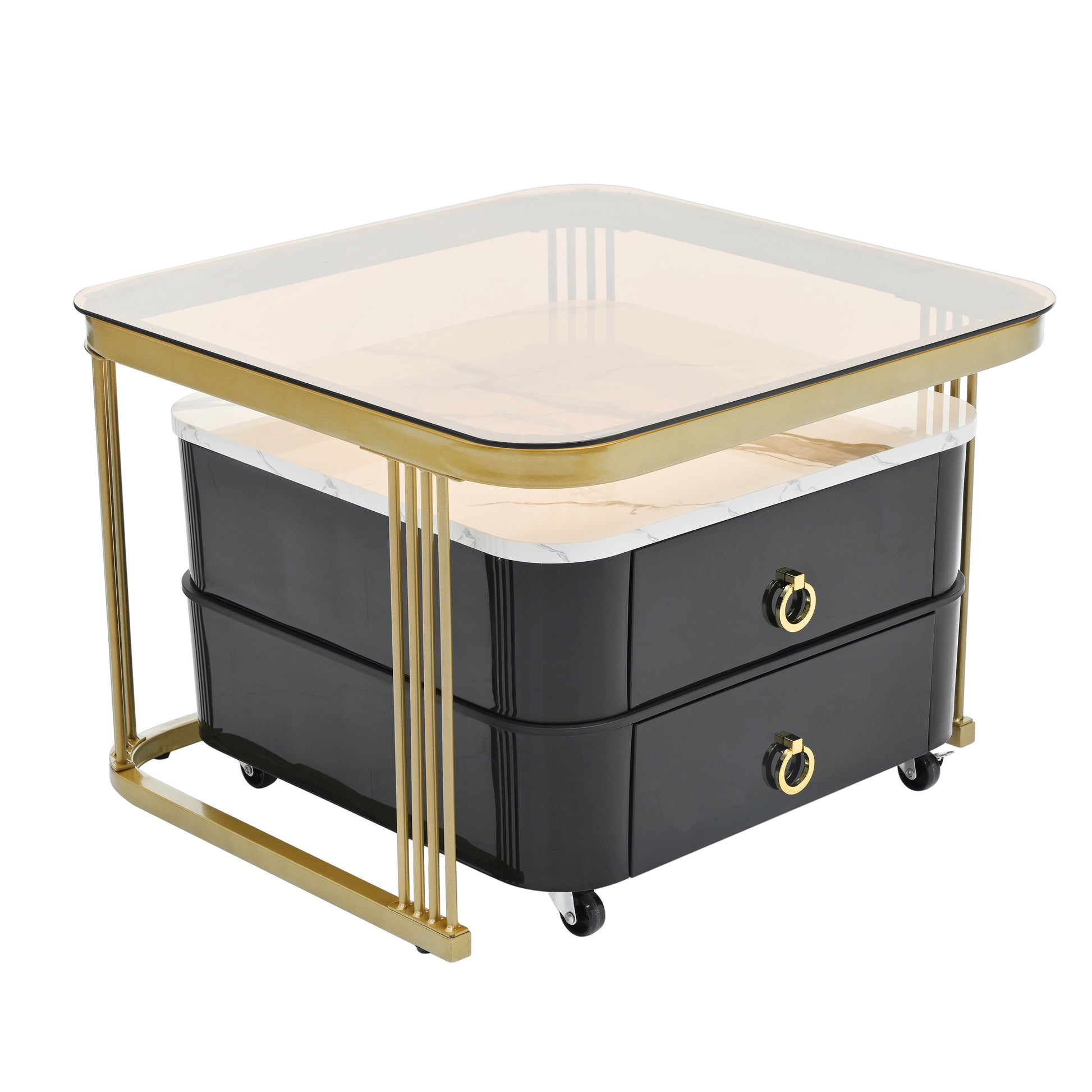 2 In 1 Square Nesting Coffee Table With Wheels & Drawers, Stackable Side Table With High Gloss Marble Grain Top, End Table Set With Brown Tempered Glass For Living Room, Black Black Gold Primary Living Space Drawers Square Mdf Steel