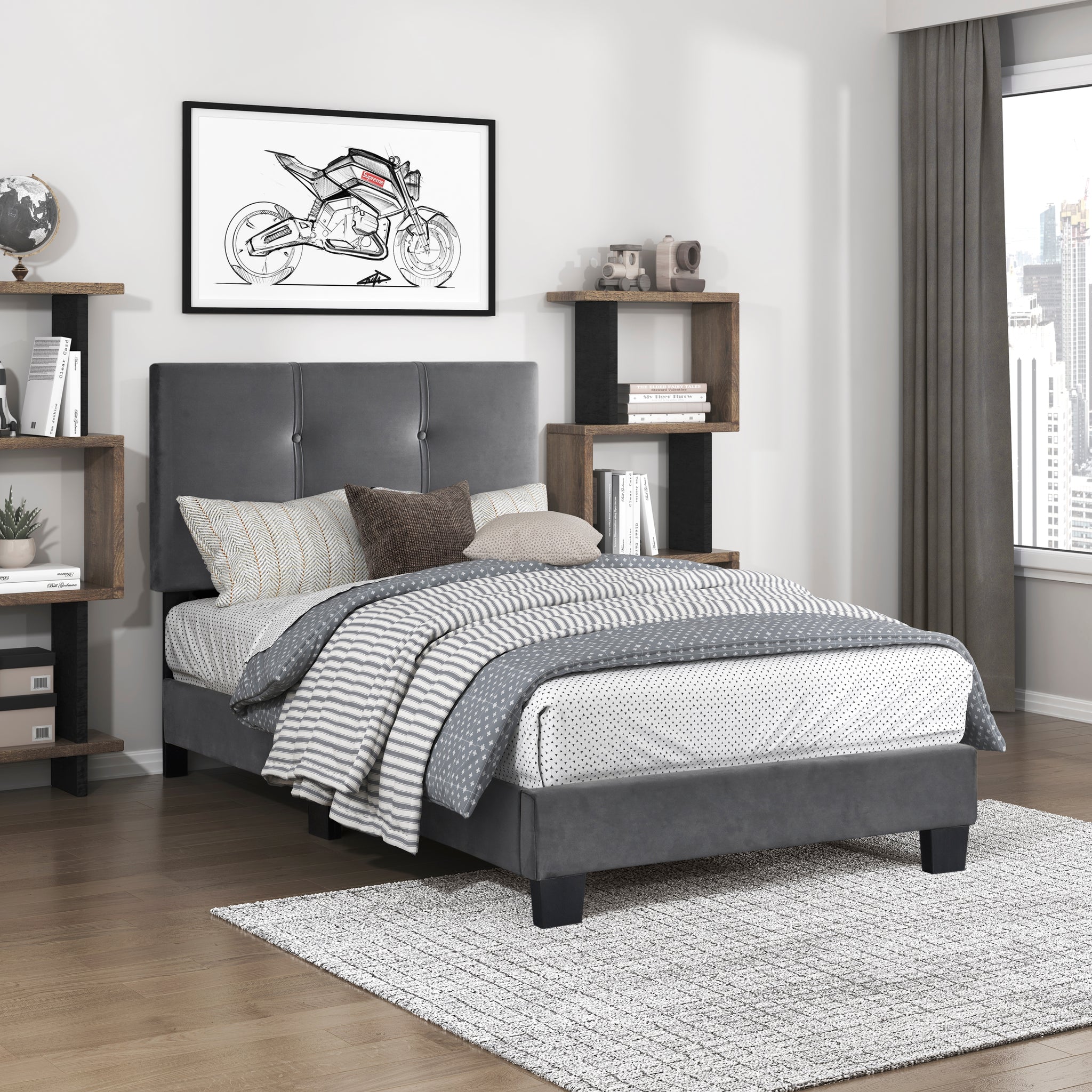 1Pc Twin Platform Bed Dark Gray Velvet Upholstered Adjustable Height Headboard Button Tufted Solid Wood Bedroom Furniture Box Spring Not Required Twin Dark Gray Wood Bedroom Velvet Solid Wood