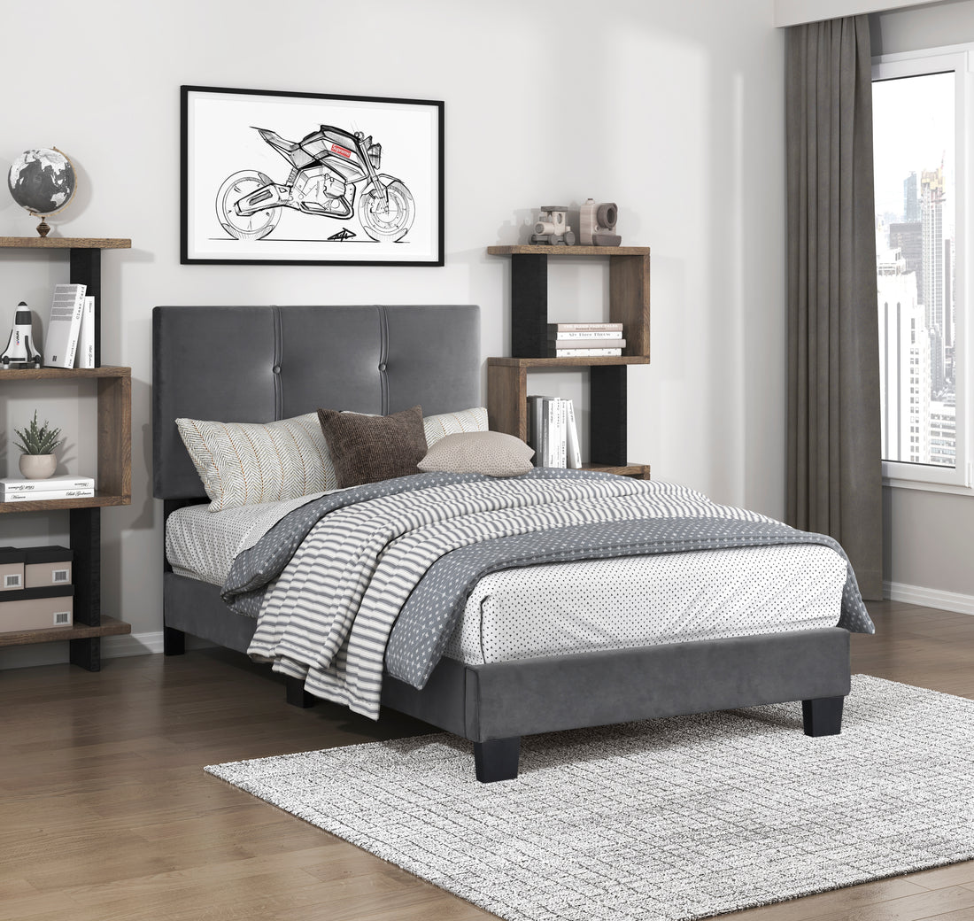 1Pc Twin Platform Bed Dark Gray Velvet Upholstered Adjustable Height Headboard Button Tufted Solid Wood Bedroom Furniture Box Spring Not Required Twin Dark Gray Wood Bedroom Velvet Solid Wood