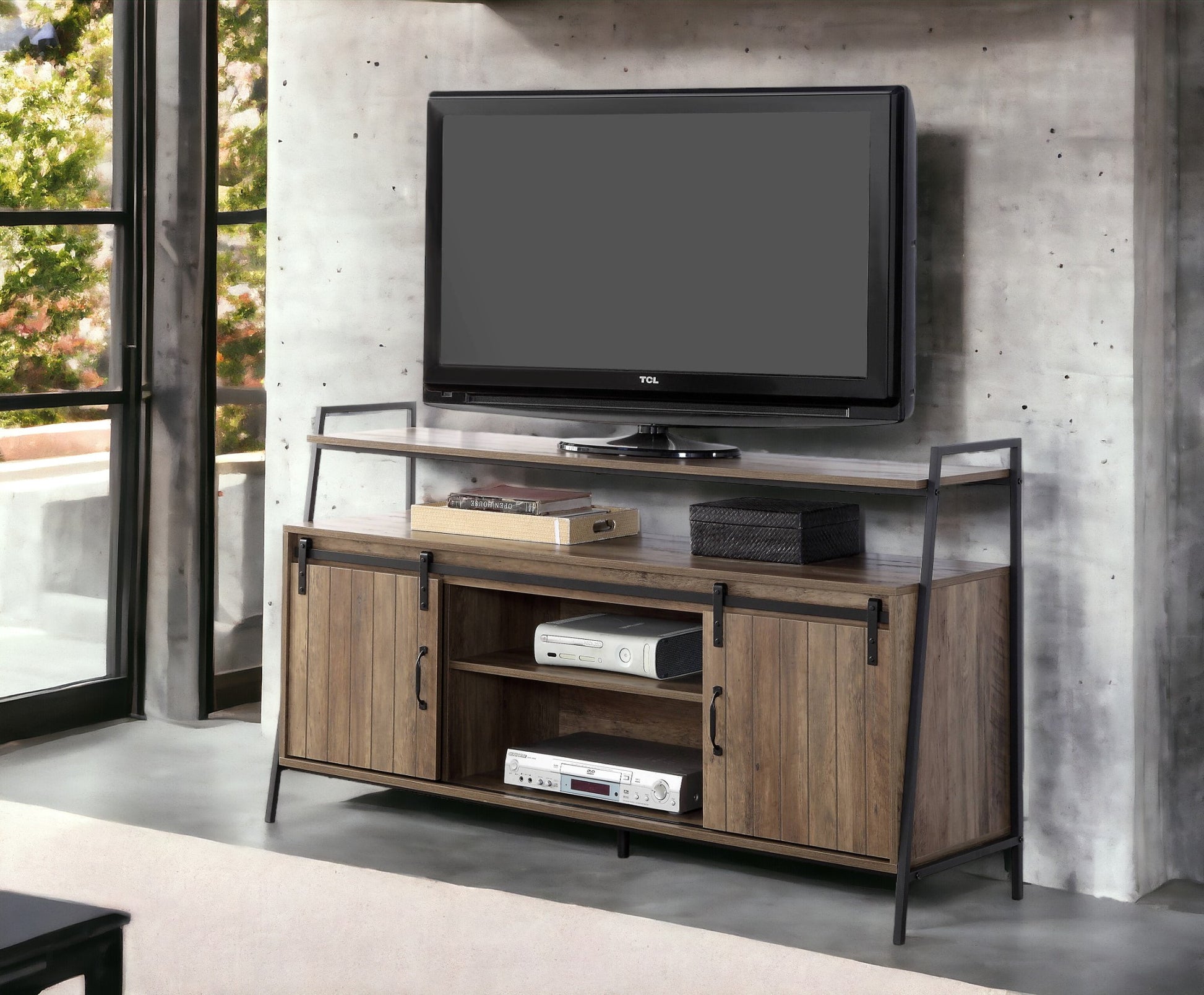 Rustic Oak And Black Tv Stand With Sliding Barn Door Oak Primary Living Space 50 59 Inches 50 59 Inches Paper Composite