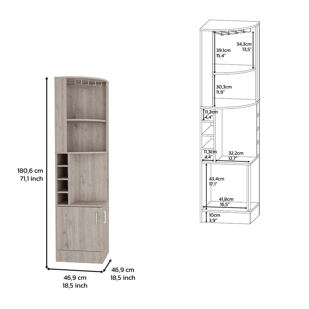 71" H Light Gray Corner Bar Cabinet, With Two Shelves At The Top, 1 Glass Holder, 8 Exterior Bottle Racks, 1 Central Shelf And A Lower Drawer With 2 Side Doors Gray Particle Board Particle Board