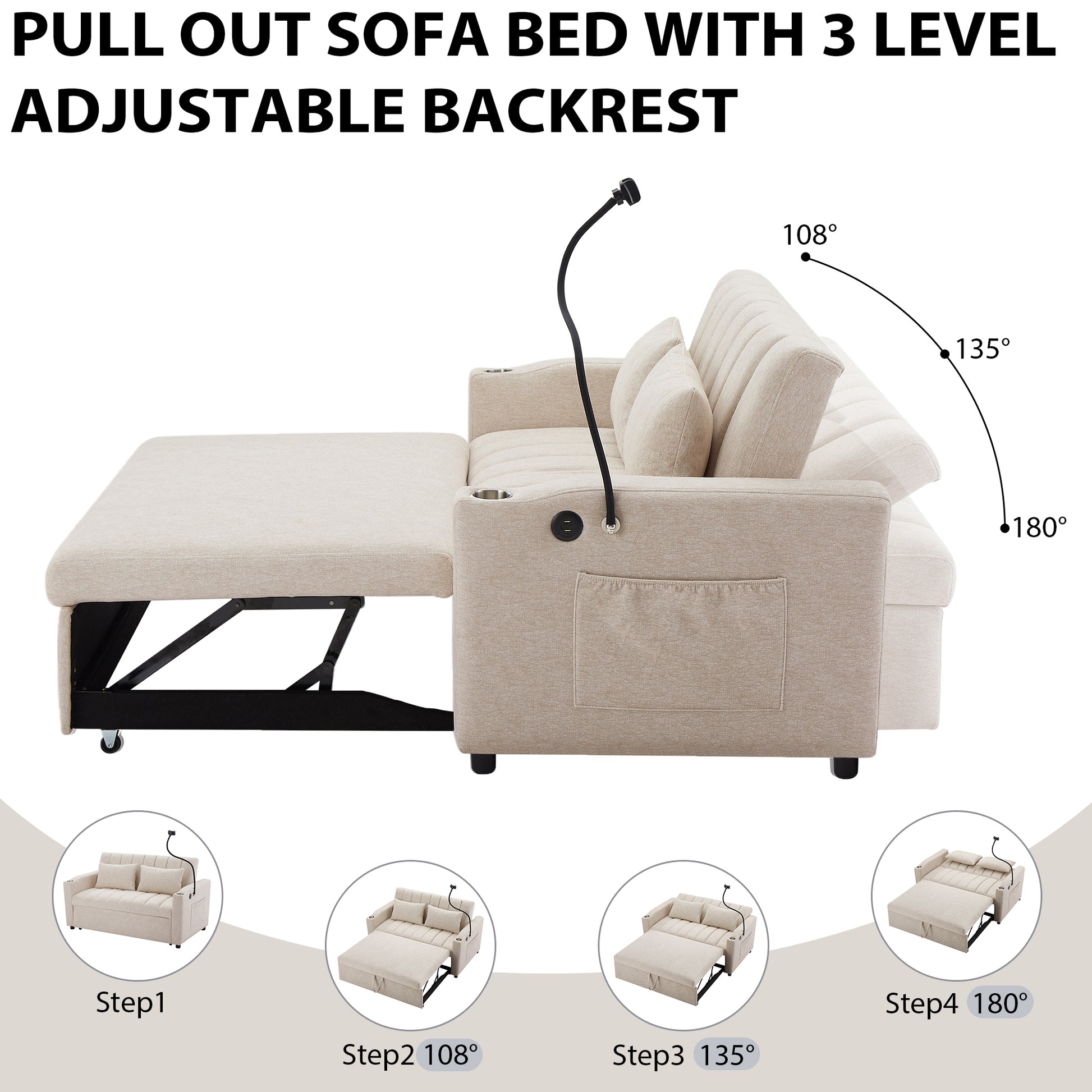 55.9" Convertible Sofa Bed Loveseat Sofa With Three Usb Ports, Two Side Pockets, Two Cup Holders And 360 Swivel Phone Holder For Living Room, Beige Beige Foam Polyester
