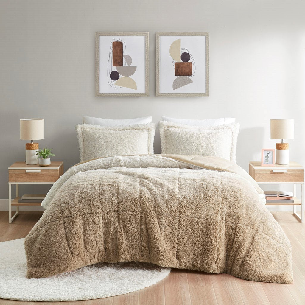 Ombre Shaggy Long Fur Comforter Mini Set King Natural Polyester