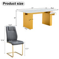 Table And Chair Set.Large Modern Rectangular Table With 0.4 Inch Patterned Glass Tabletop And Large Mdf Table Legs.Comes With 6 Chairs With Faux Leather Cushioned Seats And Golden Metal Legs. Gold White Seats 6 Mdf Glass