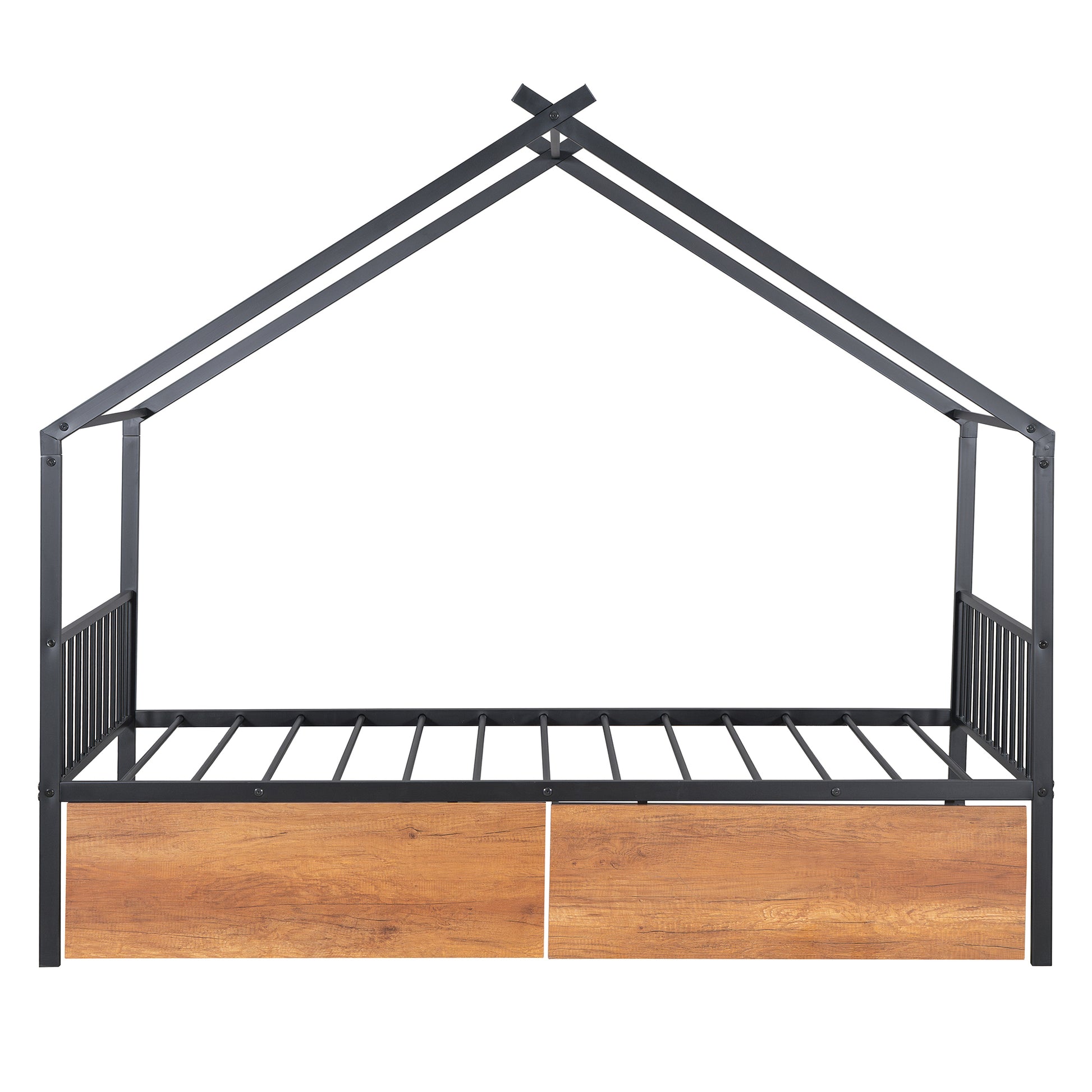 Twin Size Metal House Bed With Two Drawers, Black Twin Black Metal