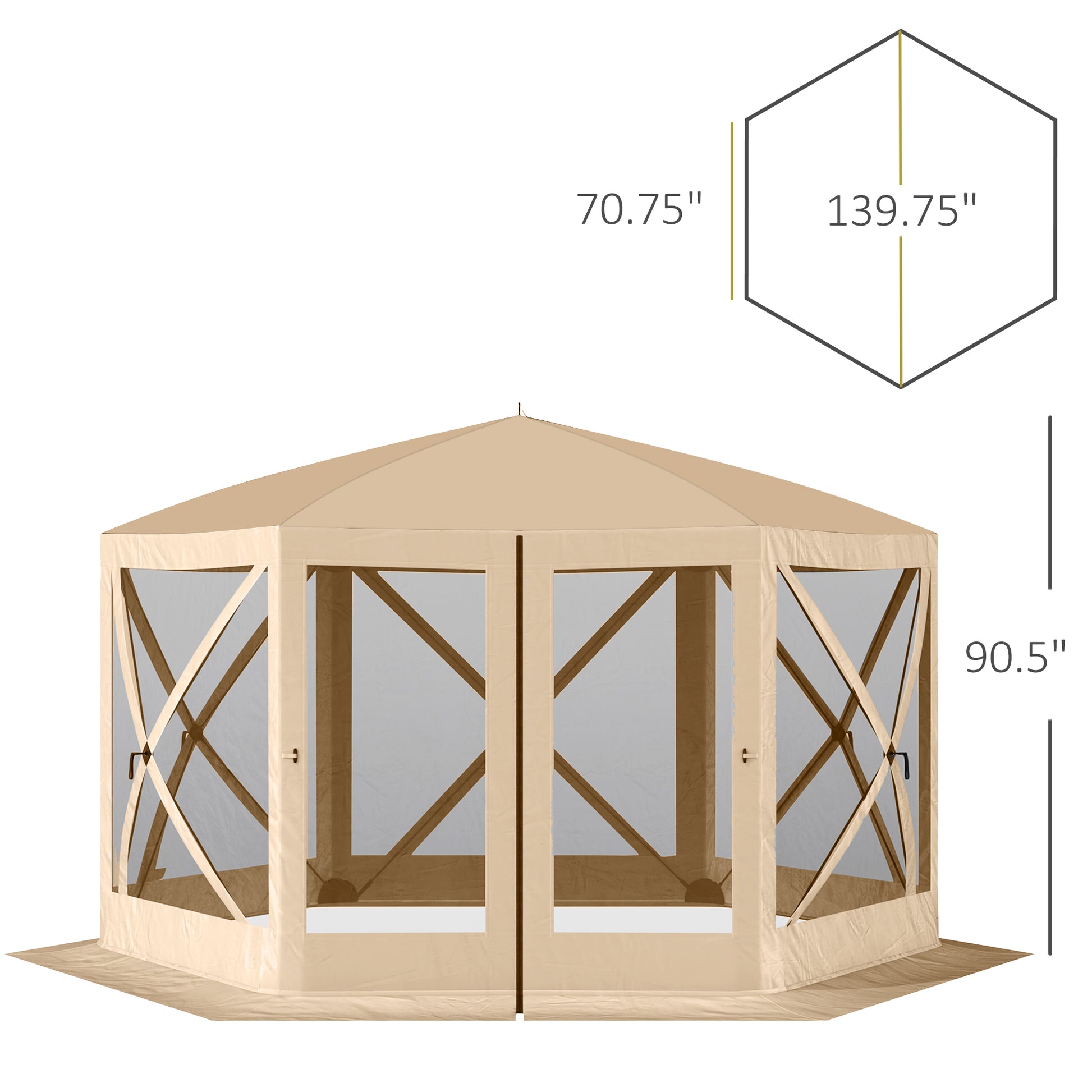 Outsunny 12' X 12' Hexagon Screen House, Pop Up Tent Portable Gazebo Canopy Shelter With Mesh Netting Walls, Carry Bag And Shaded Interior, Beige Beige Polyester