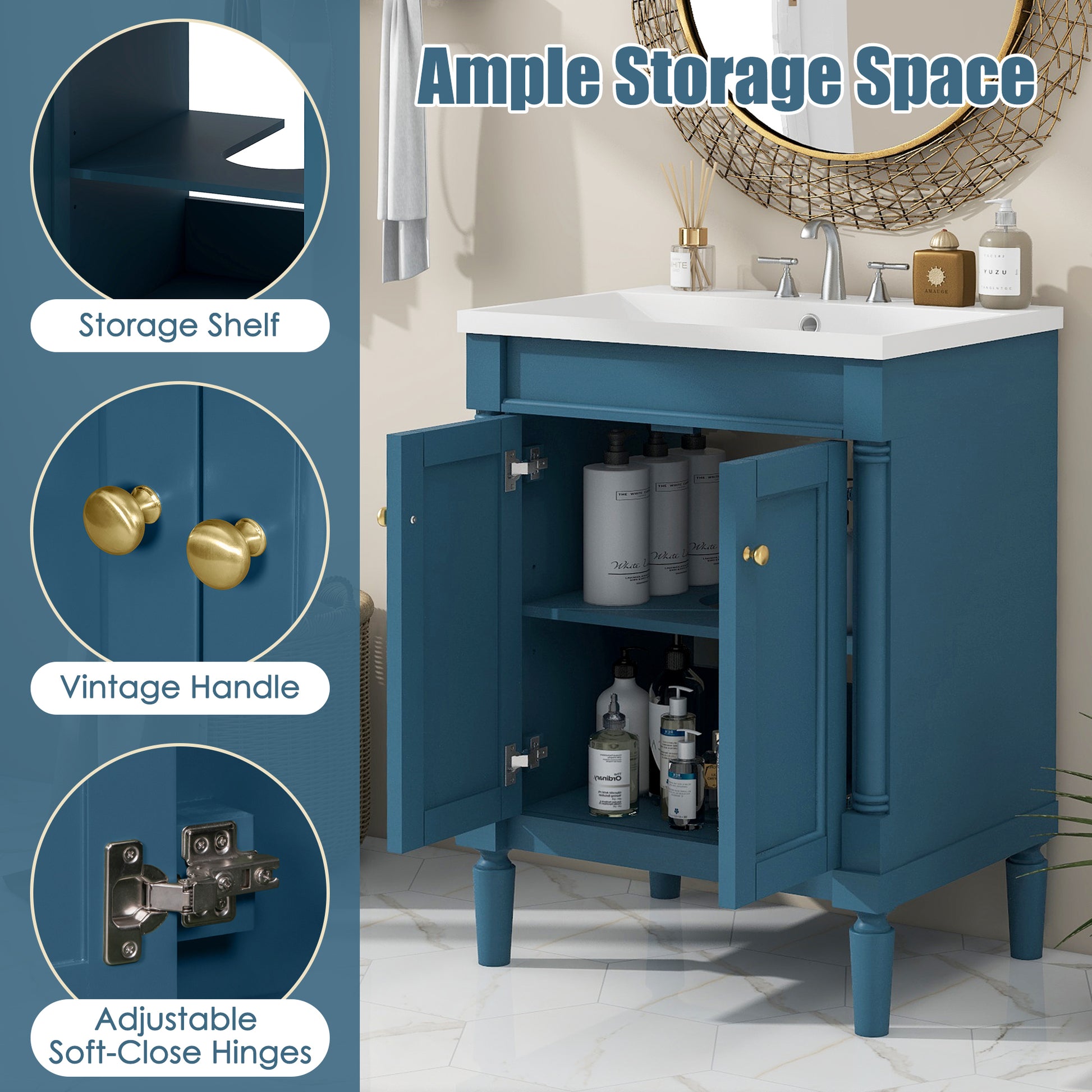 24'' Bathroom Vanity With Top Sink, 2 Tier Modern Bathroom Storage Cabinet, Single Sink Bathroom Vanity, Large Storage Shelves Blue 2 1 Adjustable Hinges Freestanding Modern Solid Wood Mdf Resin Painted