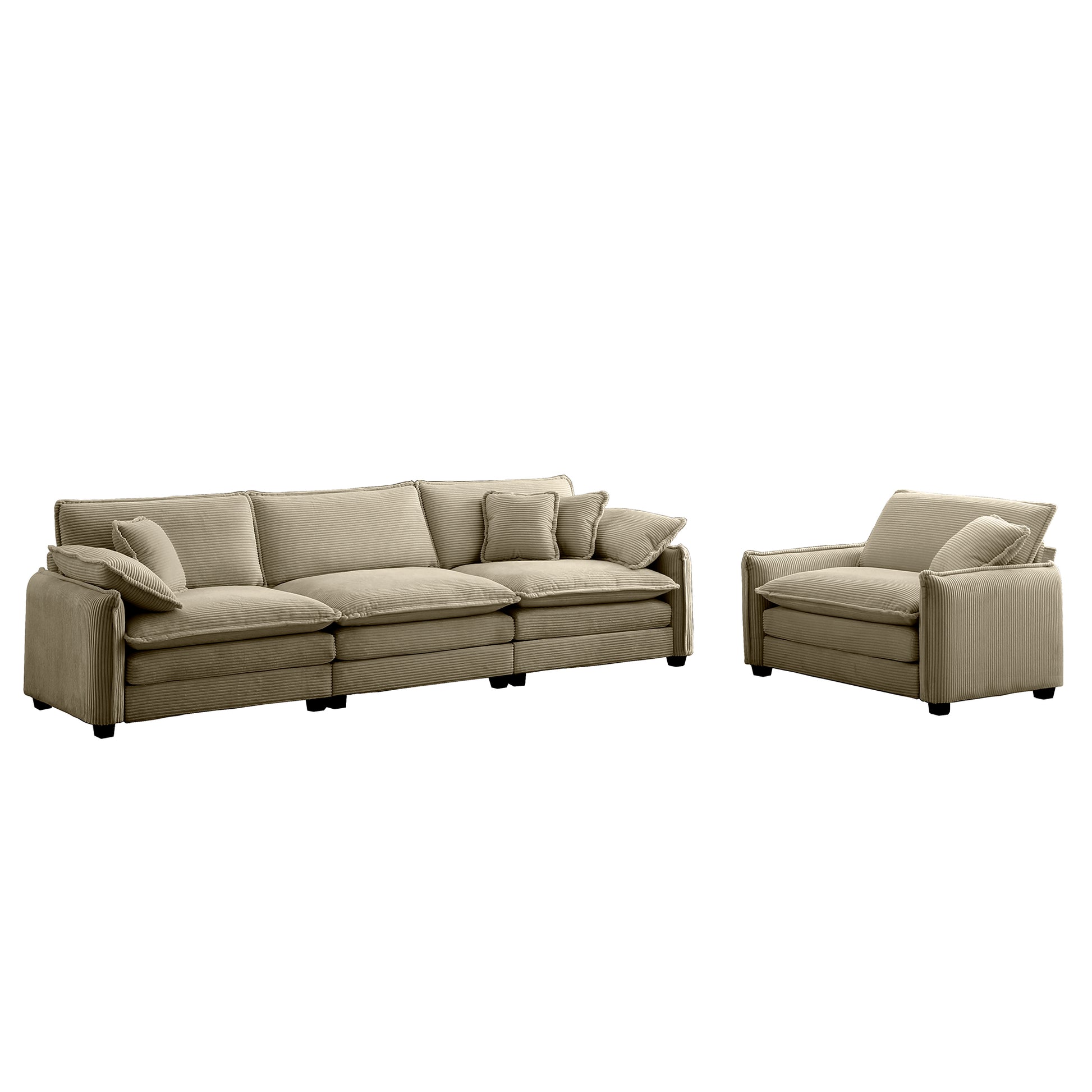 Mid Century Modern Sofa Set Of Two, One 3 Seater Sofa And One Single Seat Sofa With 2 Arm Pillows And 4 Throw Pillows,2 Pieces Sofa Set For Living Room,Tan Corduroy Fabric Tan Corduroy 4 Seat