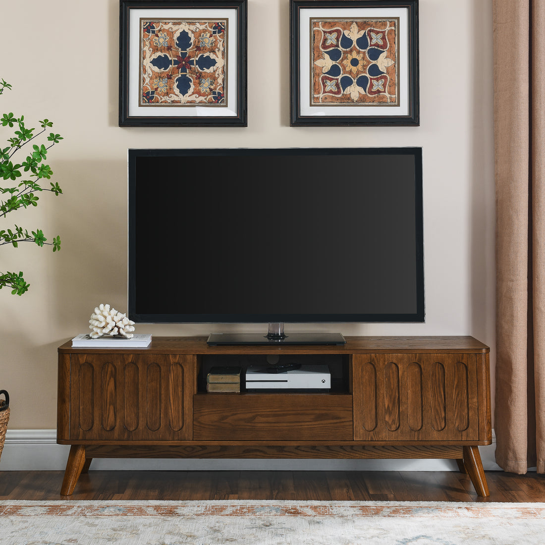 Mid Century Modern Fluted Tv Stand For 65 Inch Tv, Entertainment Center With Storage, Farmhouse Wood Media Console For Living Room Apartment Office, Accent Table, 2 Door & 1 Drawer & Solid Wood Leg Walnut 50 59 Inches Mdf