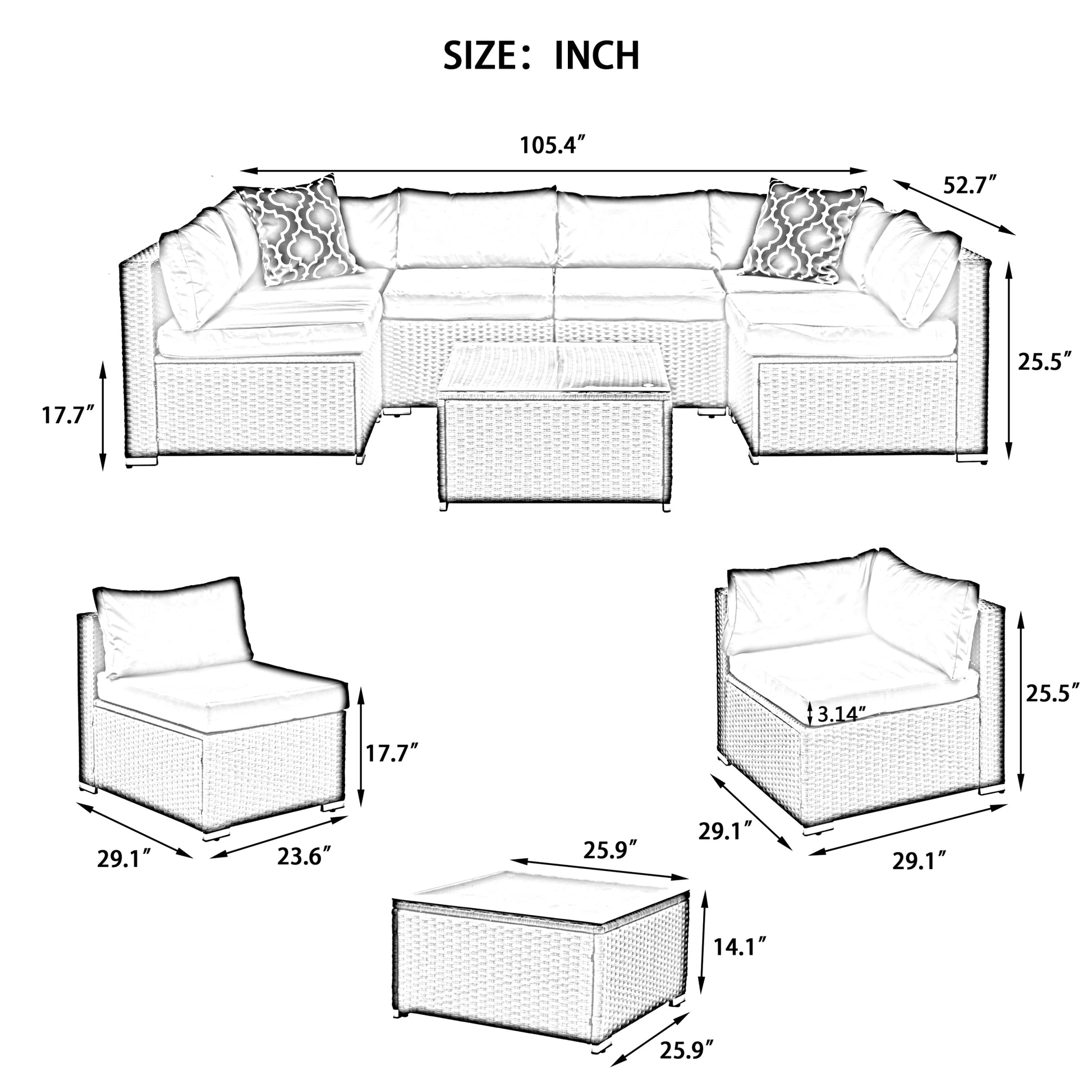 Patio Furniture, Outdoor Furniture, Seasonal Pe Wicker Furniture, 7 Set Wicker Furniture With Tempered Glass Coffee Table Dark Gray Pe Rattan Iron Waterproof Fabric