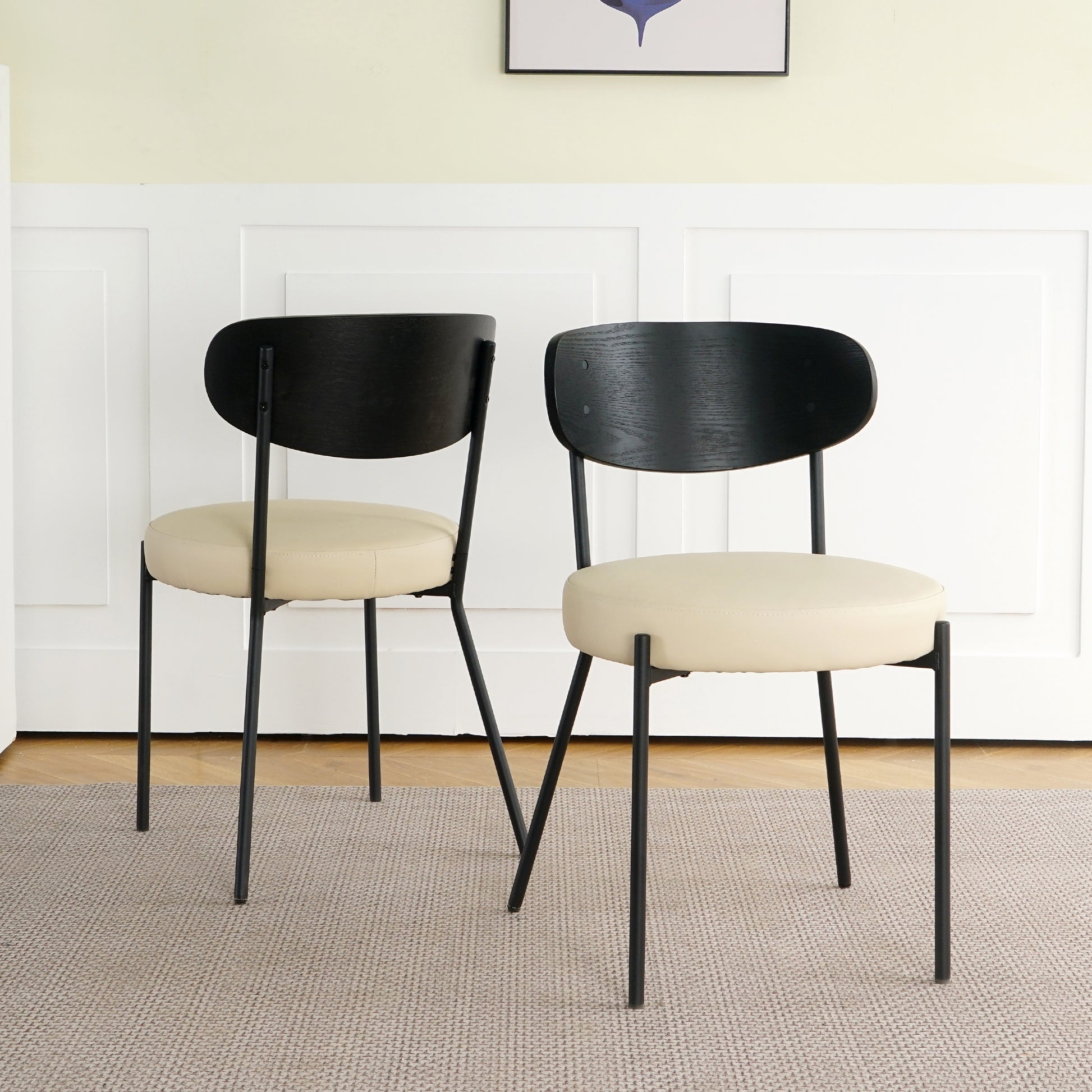 Modern Kitchen Dining Chair Bentwood Covered With Ash Veneer Chair Back, Cream Pu Dining Chair,Metal With Black Powder Coated Leg Chair,Kitchen Dining Room And Living Room Set Of 2 Metal Cream Pu