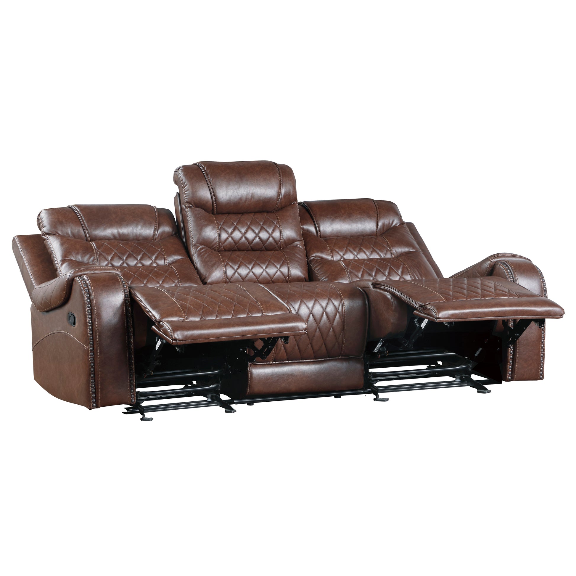 Luxurious Living Room Furniture 2Pc Reclining Sofa Set Brownfaux Leather Upholstery Center Drop Down Cup Holders, Power Outlets, Usb Ports, Diamond Pattern Stitching Brown Faux Leather Wood Primary Living Space Luxury,Modern Solid Wood 5 Seat