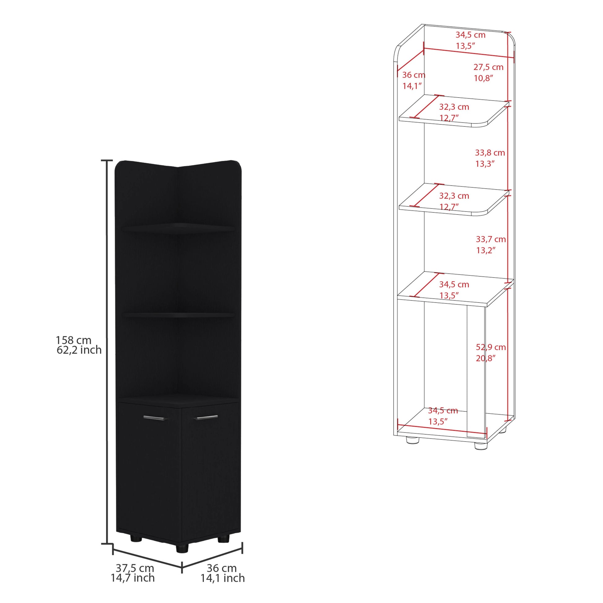 Malibu 62" Tall Double Door Corner Linen Cabinet With Four Shelves Black 60 In & Above Mountain Lodge Particle Board