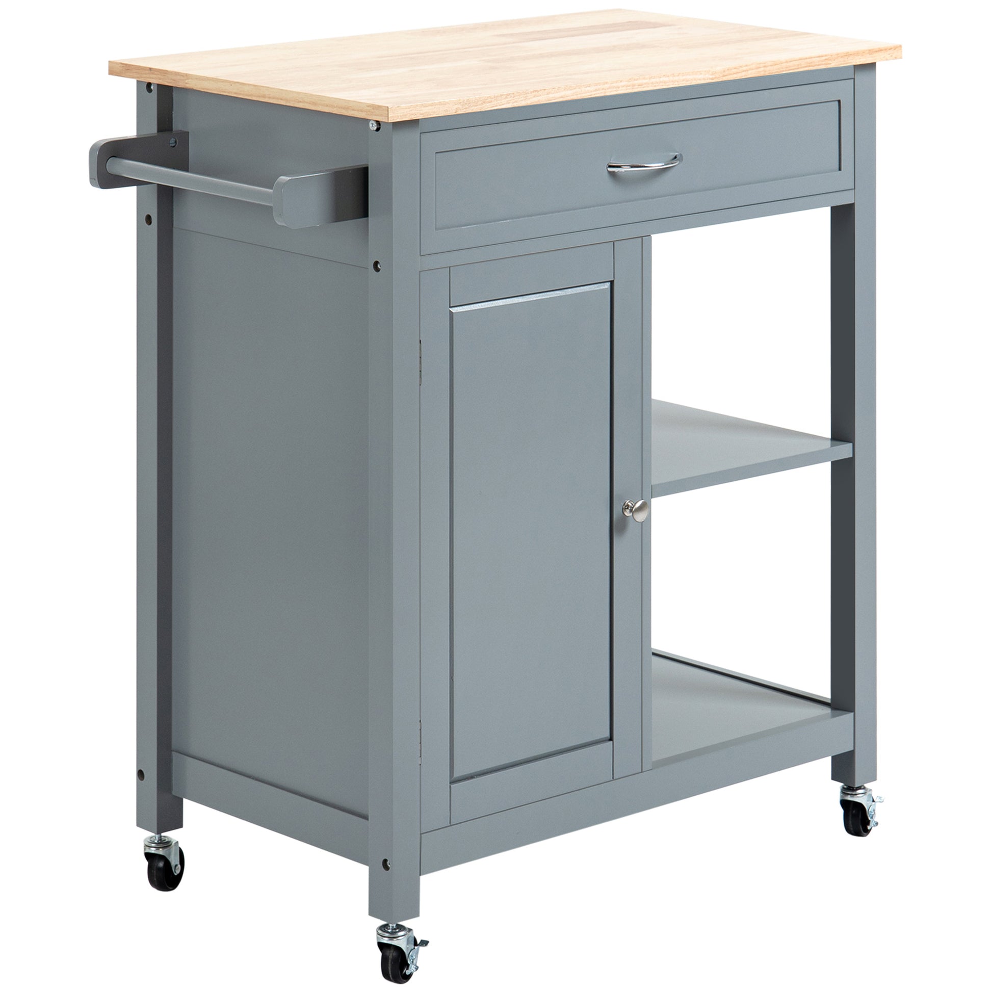 Homcom Kitchen Island Cart, Rolling Kitchen Island With Storage Shelf, Solid Wood Top, Drawer, For Dining Room, Gray Grey Mdf