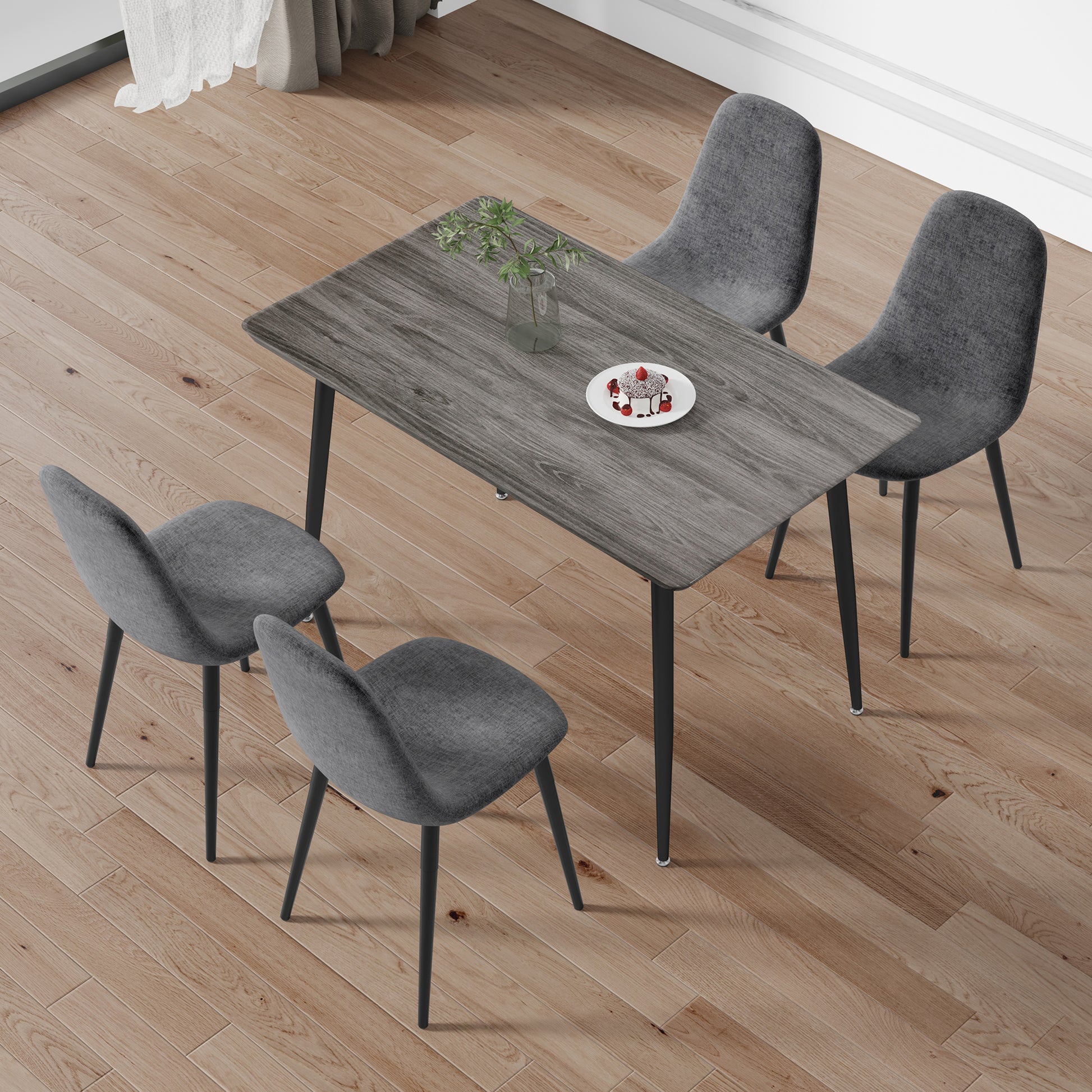 1 Table And 4 Chairs Set.Gray Wood Grain Table With Mdf Tabletop And Black Iron Legs.A Set Of 4 Modern Medieval Style Chairs, Equipped With Soft Cushions And Black Metal Legs.Dt 1226,B0501A Gray Mdf Metal