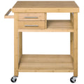 Homcom Bamboo Kitchen Island Cart On Wheels, Utility Trolley Cart With 2 Storage Drawers And Open Shelves, Bamboo Tone Natural Bamboo